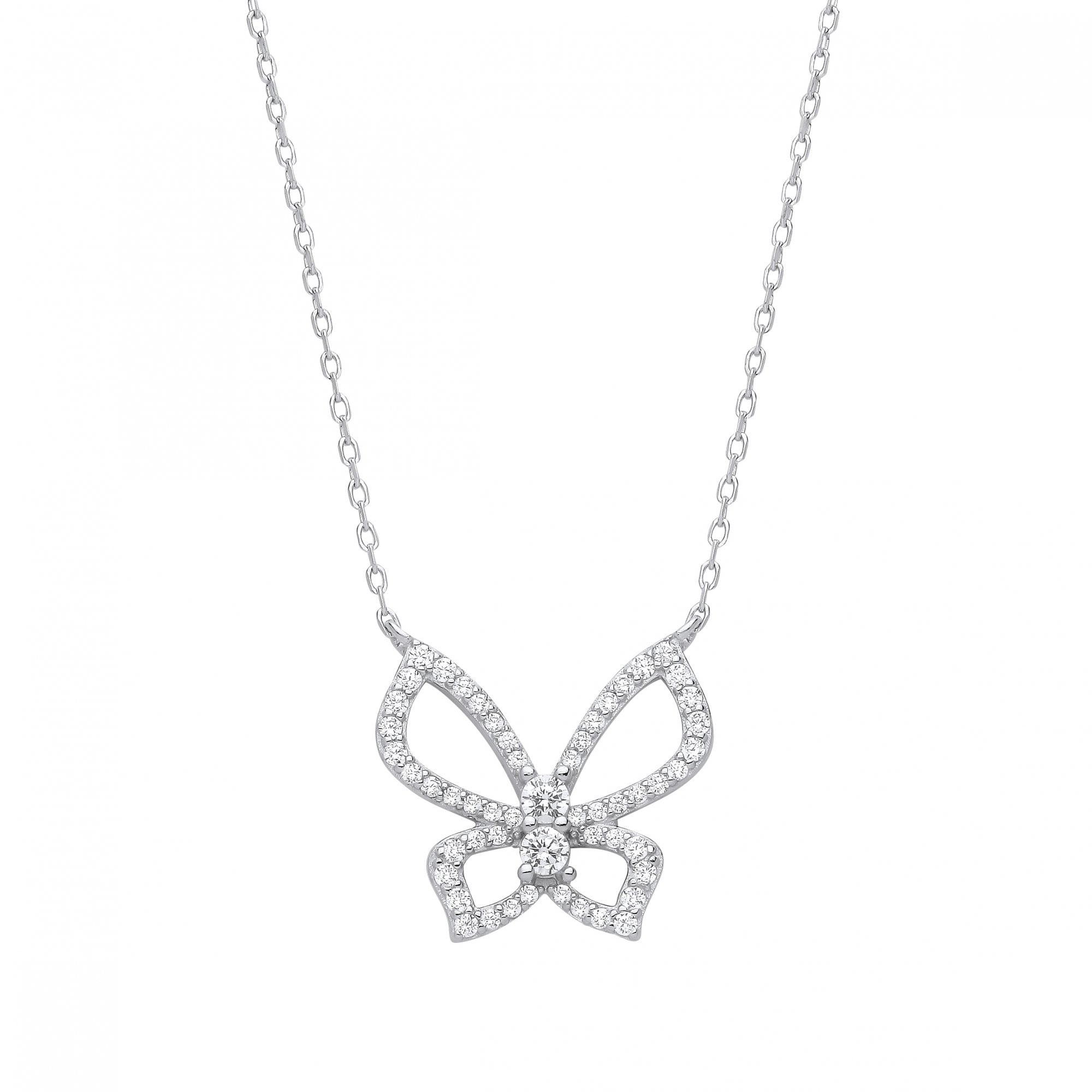 Silver CZ Butterfly Pendant Necklace