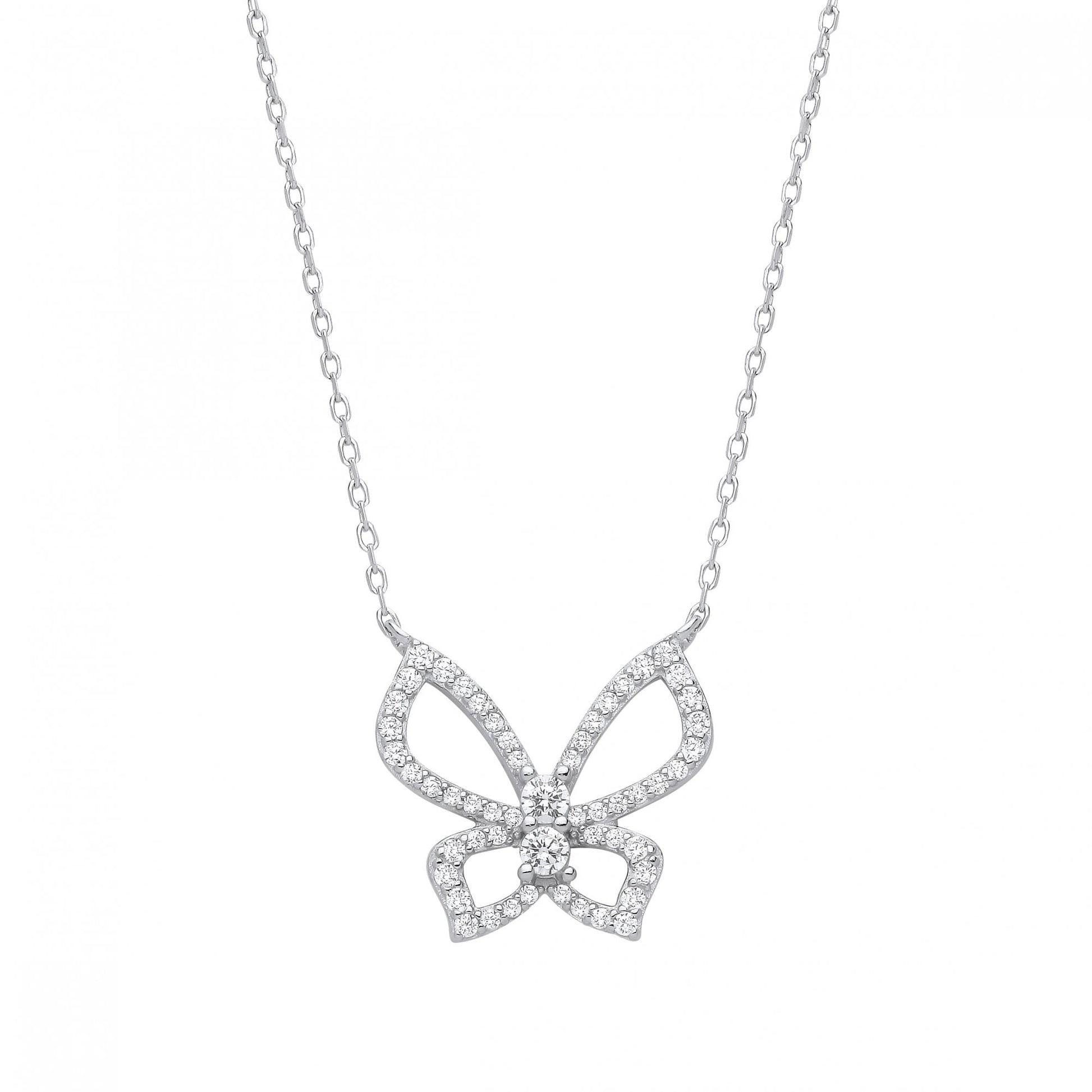 Silver CZ Butterfly Pendant Necklace