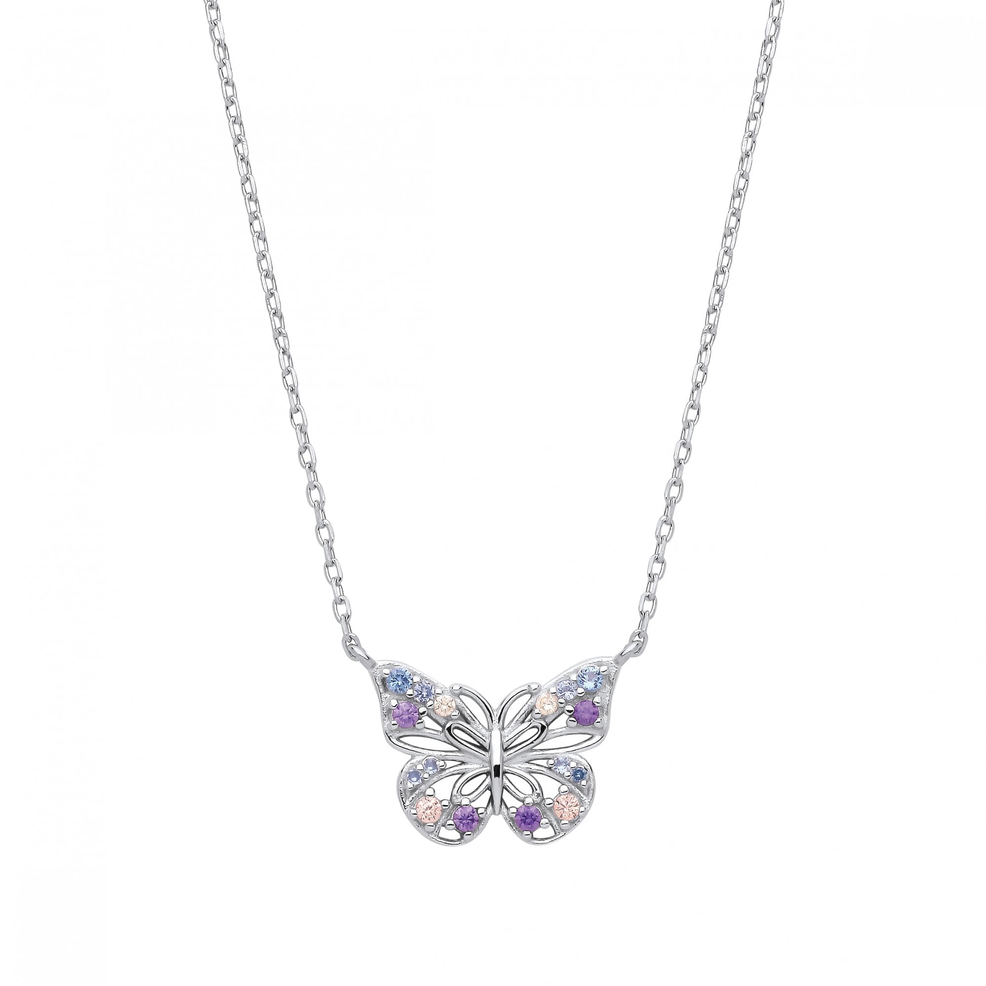 Silver CZ Multi-Color Butterfly Pendant Necklace