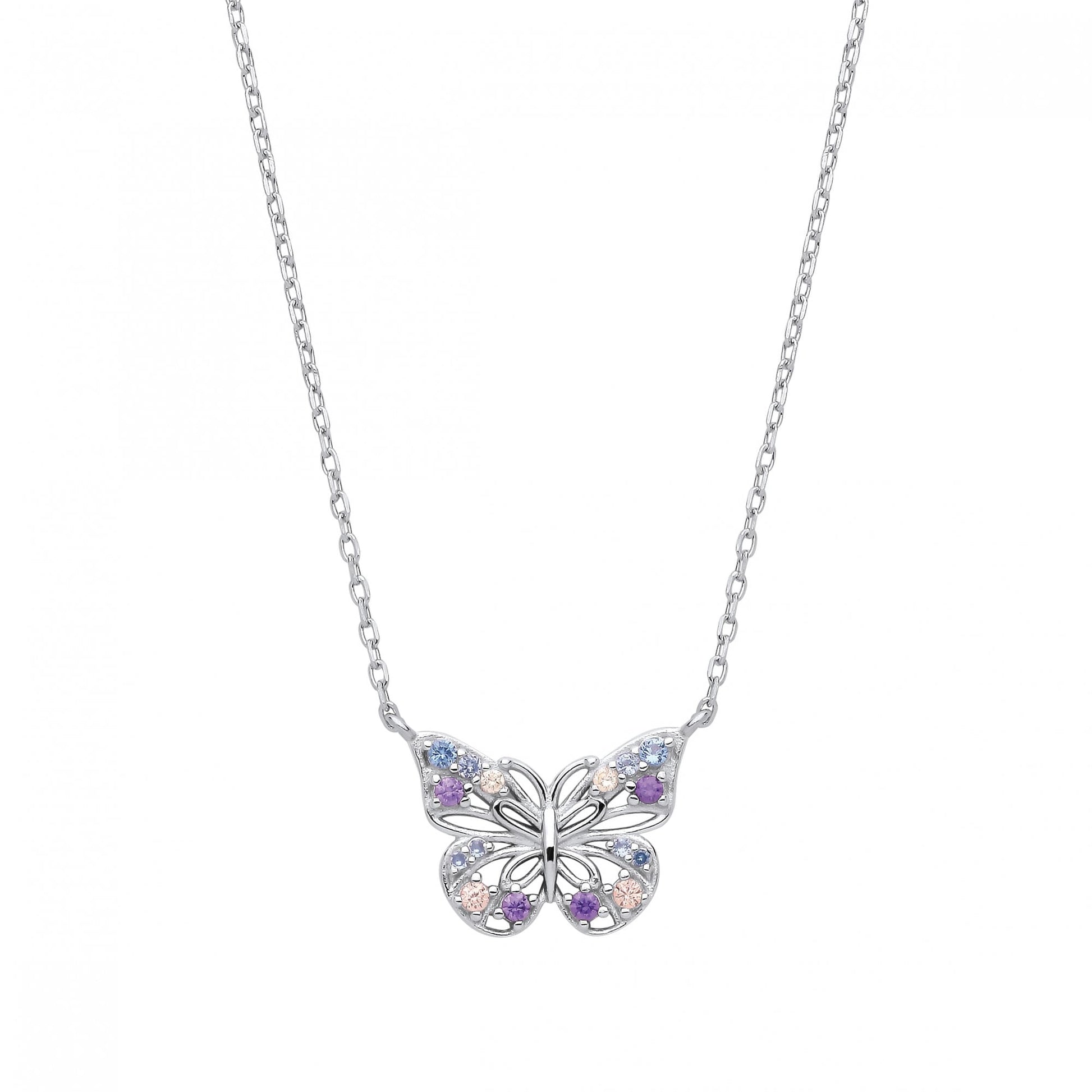 Silver CZ Multi-Color Butterfly Pendant Necklace