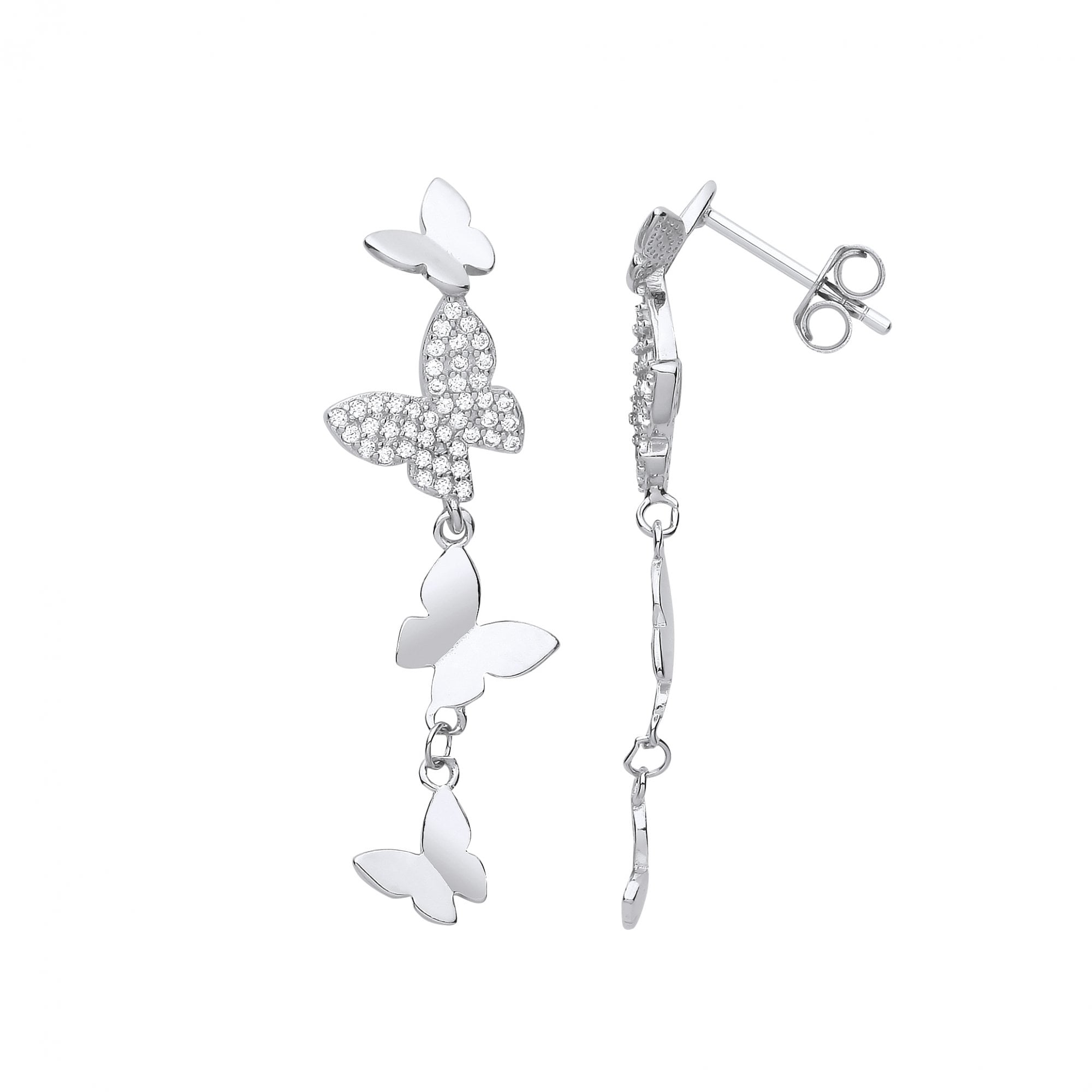 Silver CZ & Polished Multiple Butterfly Drop Earrings