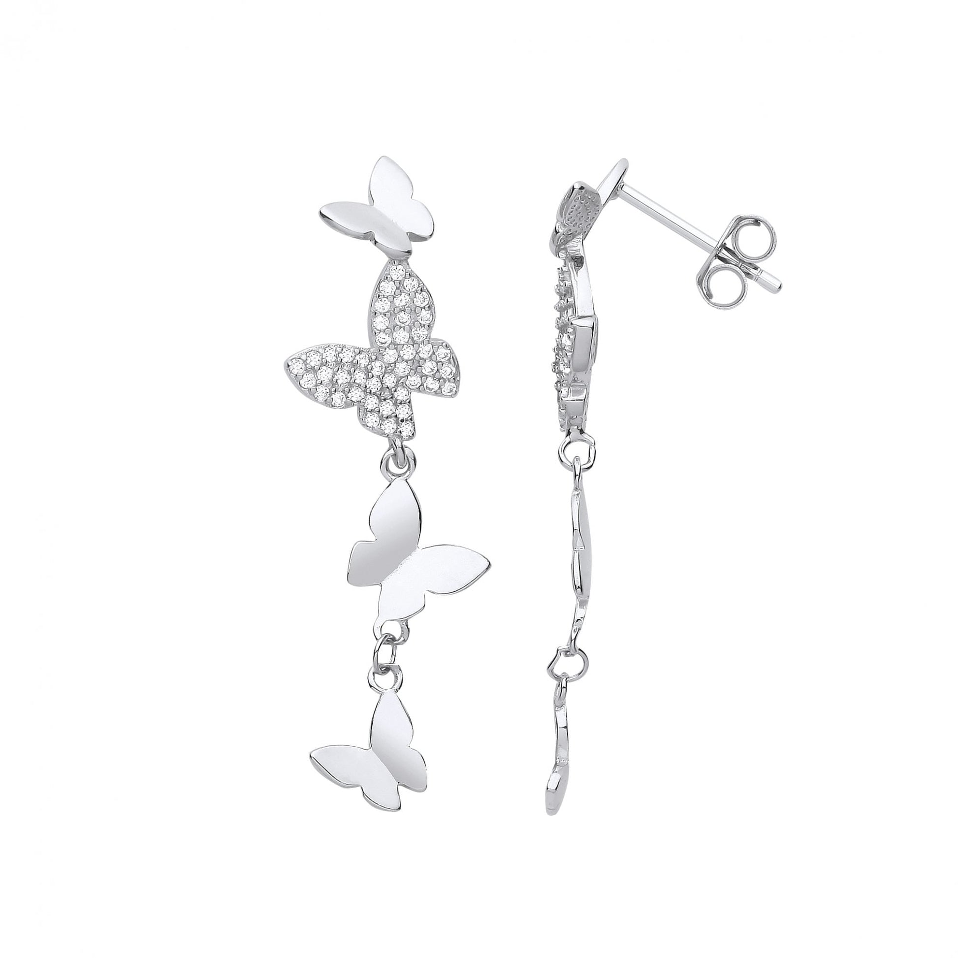 Silver CZ & Polished Multiple Butterfly Drop Earrings