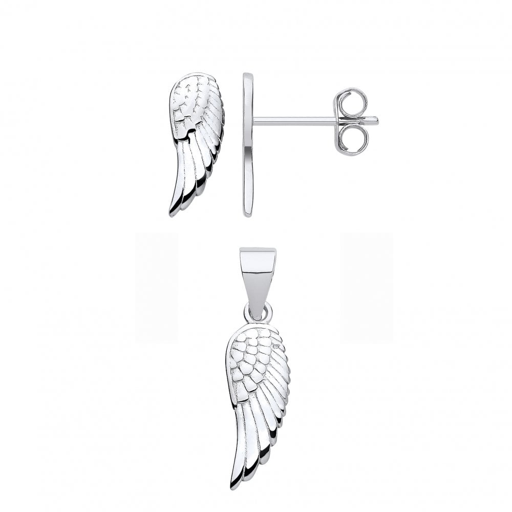 Silver Angel Wing Stud Earring & Pendant Set
