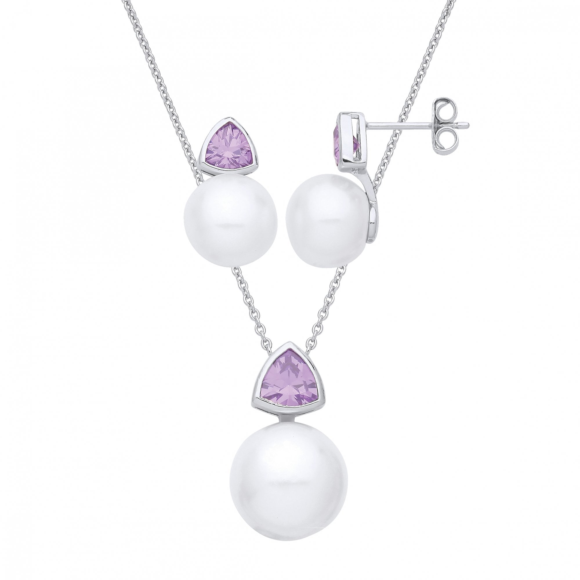 Silver Pearl & CZ Amethyst Earring & Pendant Necklace