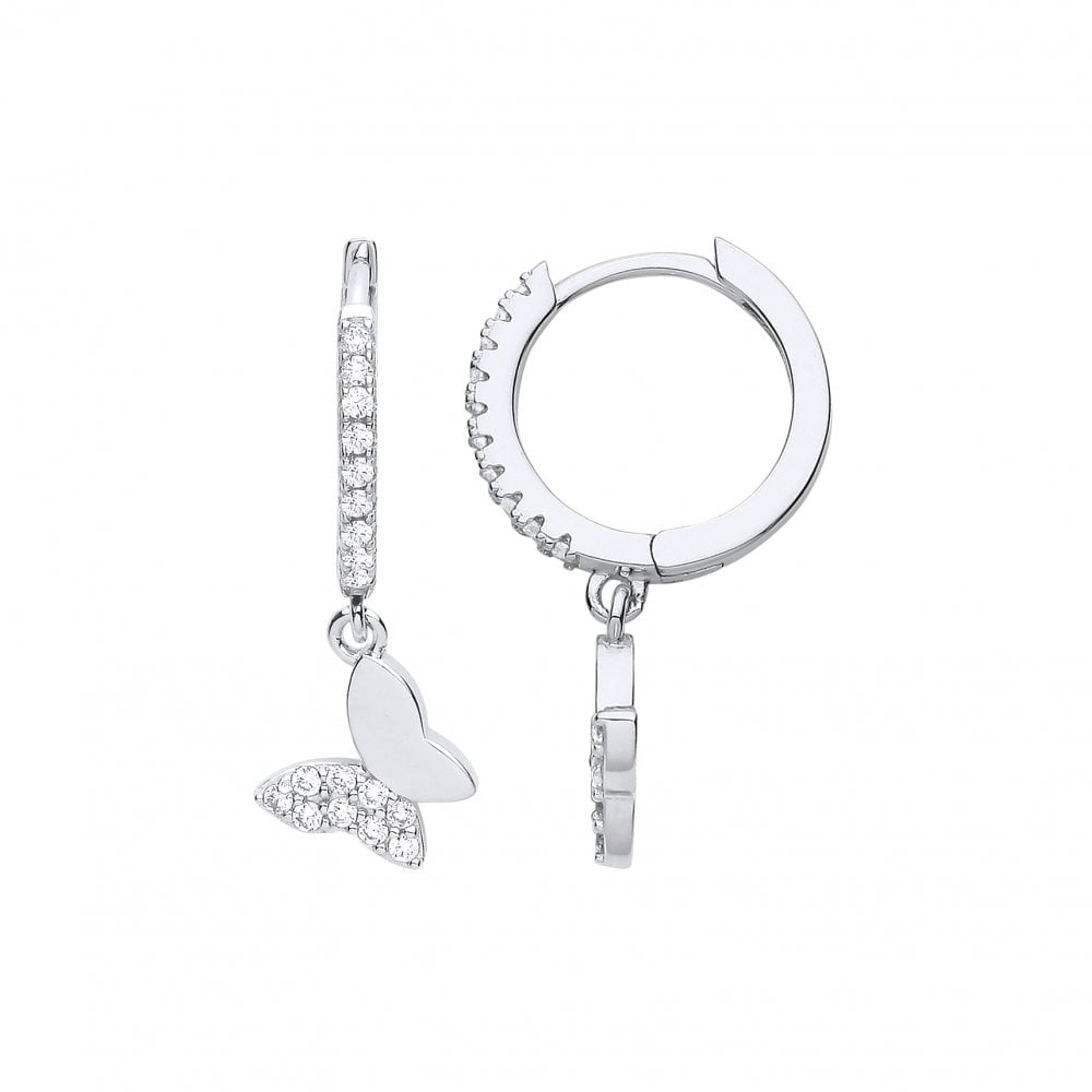 Silver CZ Butterfly Hoop Drop Earrings