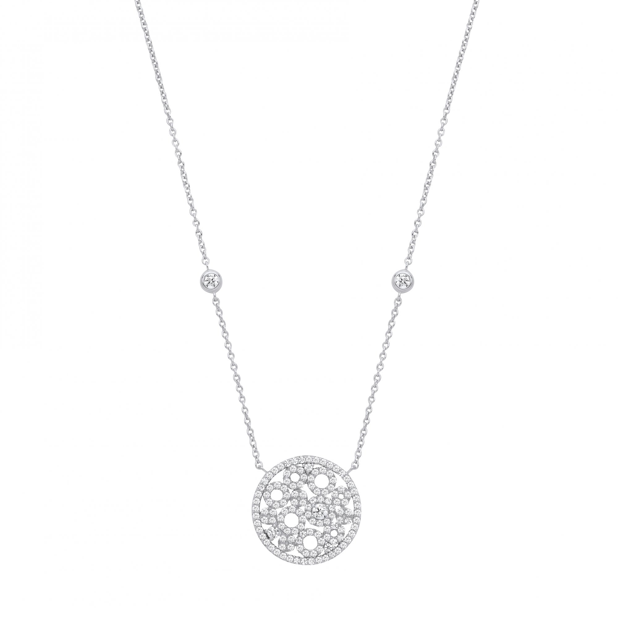 Silver CZ Fancy Cutout Circle Pendant Necklace