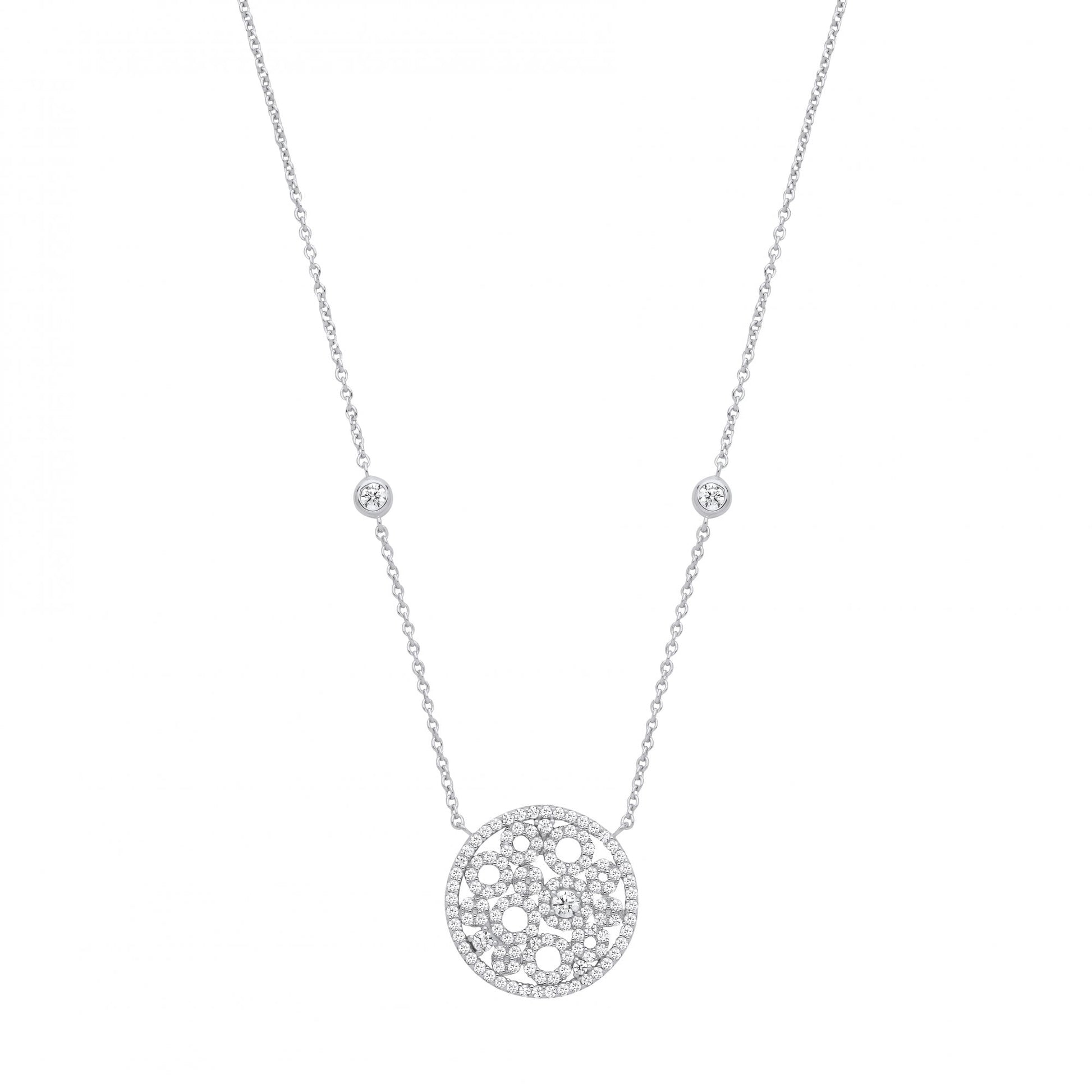 Silver CZ Fancy Cutout Circle Pendant Necklace