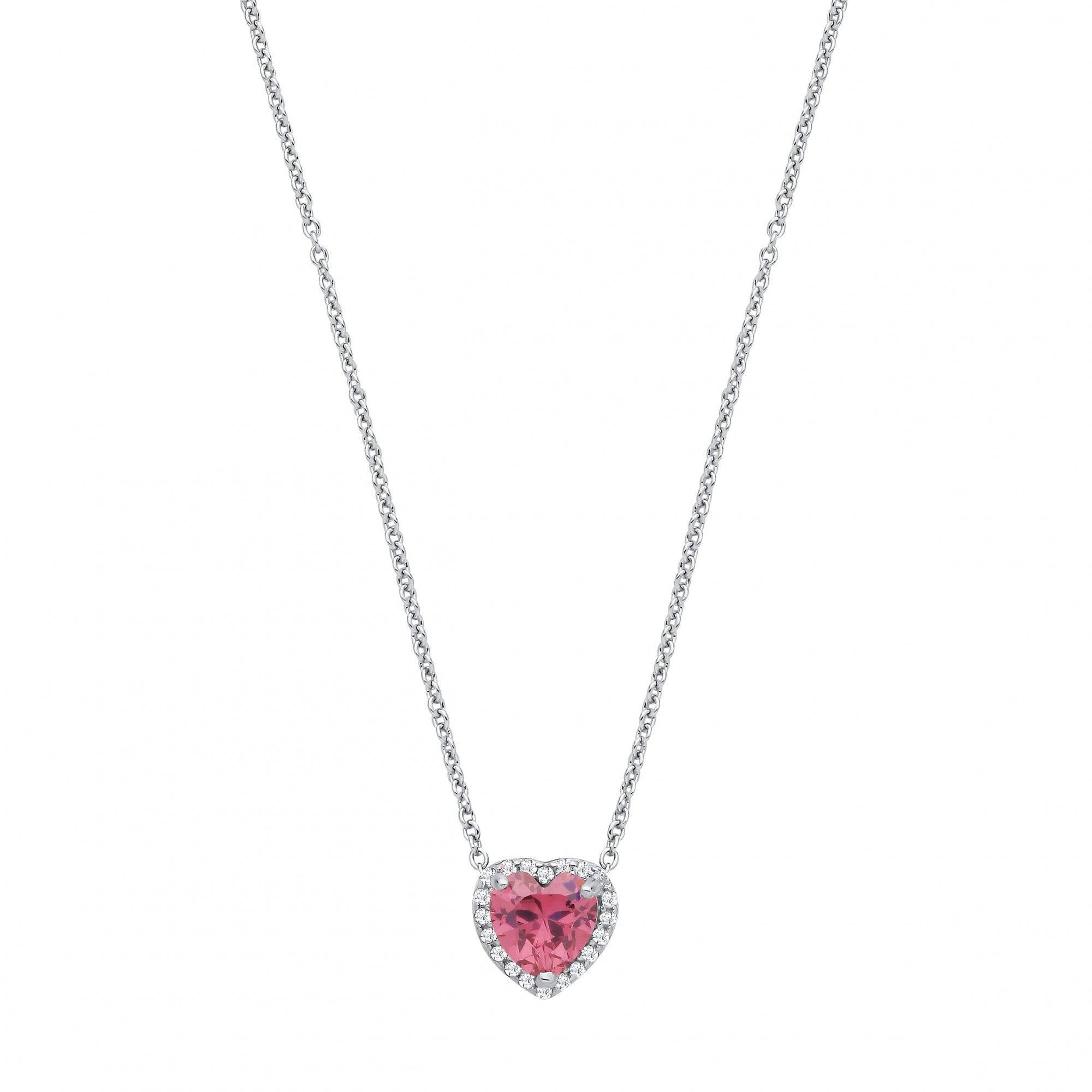 Silver CZ & Mid Rouge CZ Heart Pendant Necklace