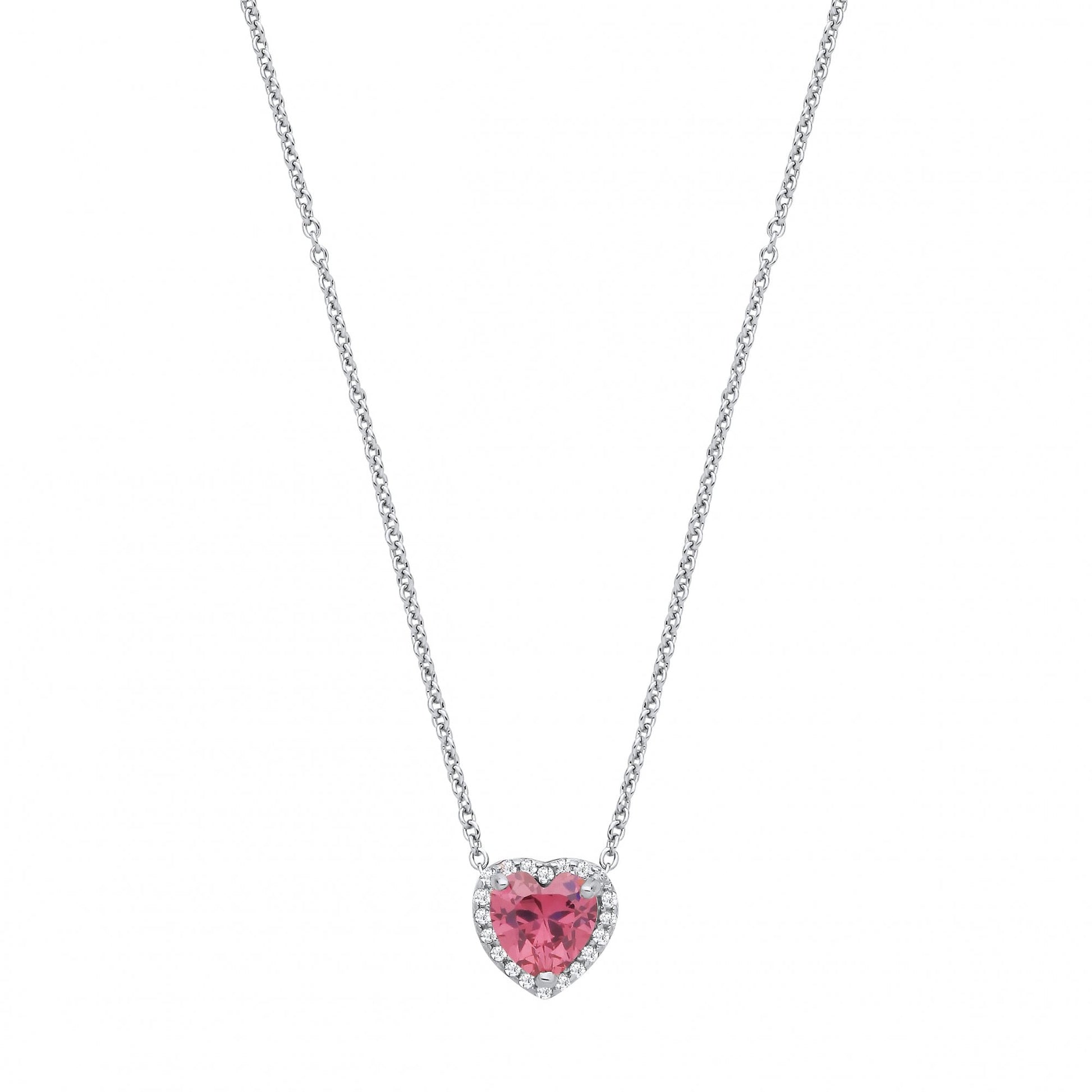 Silver CZ & Mid Rouge CZ Heart Pendant Necklace