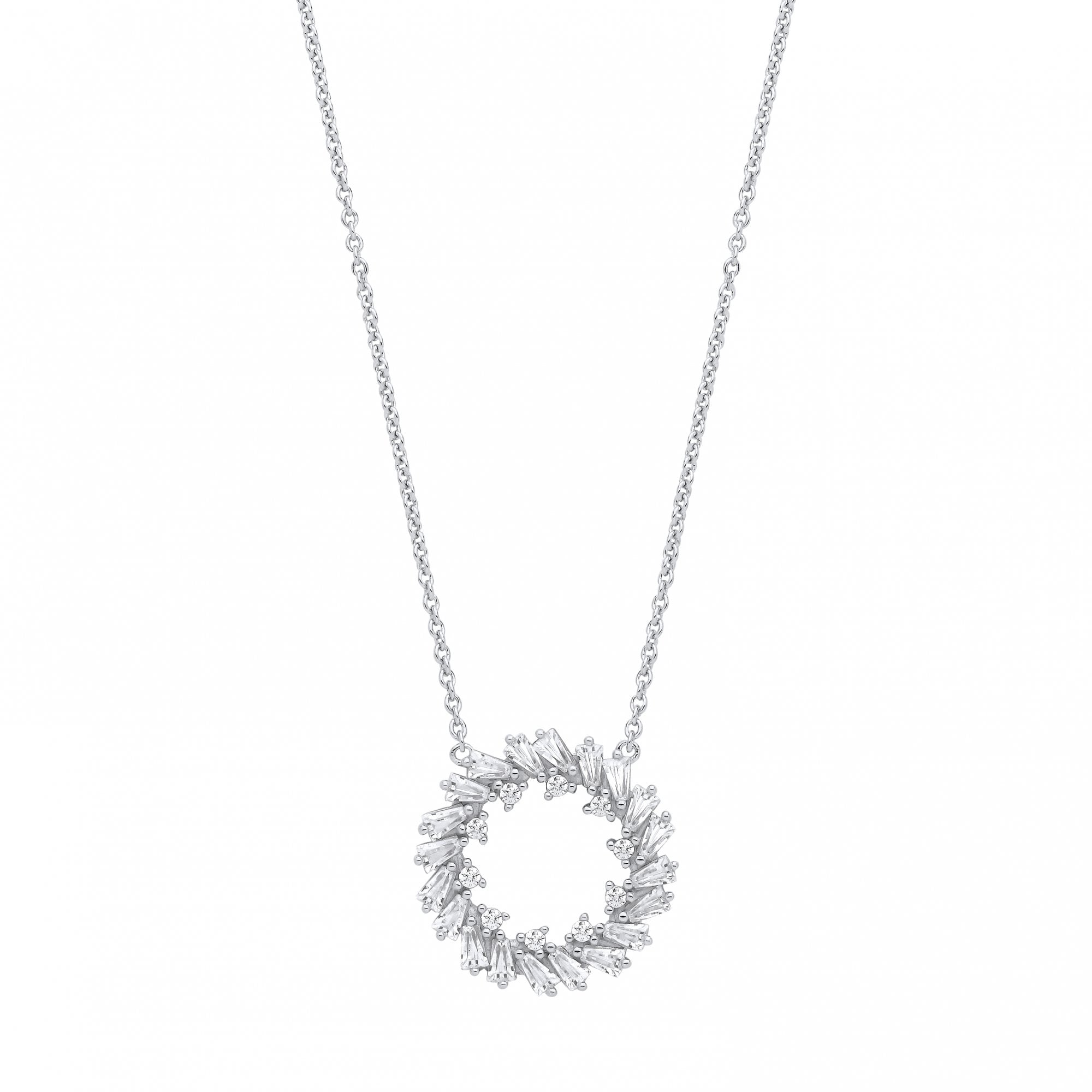 Silver CZ Baguette Circle Pendant Necklace