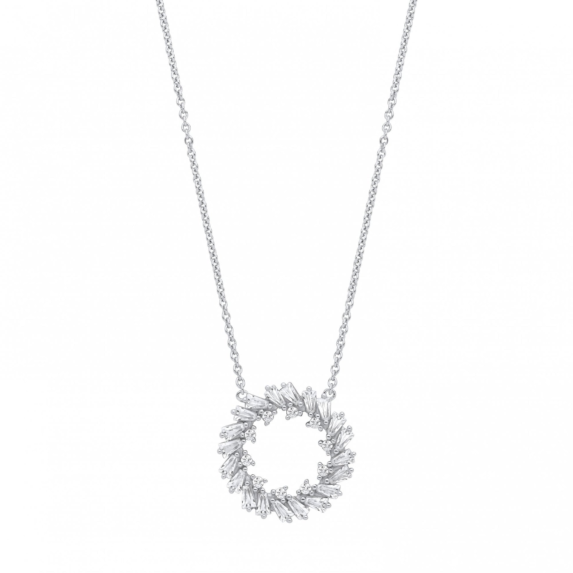 Silver CZ Baguette Circle Pendant Necklace