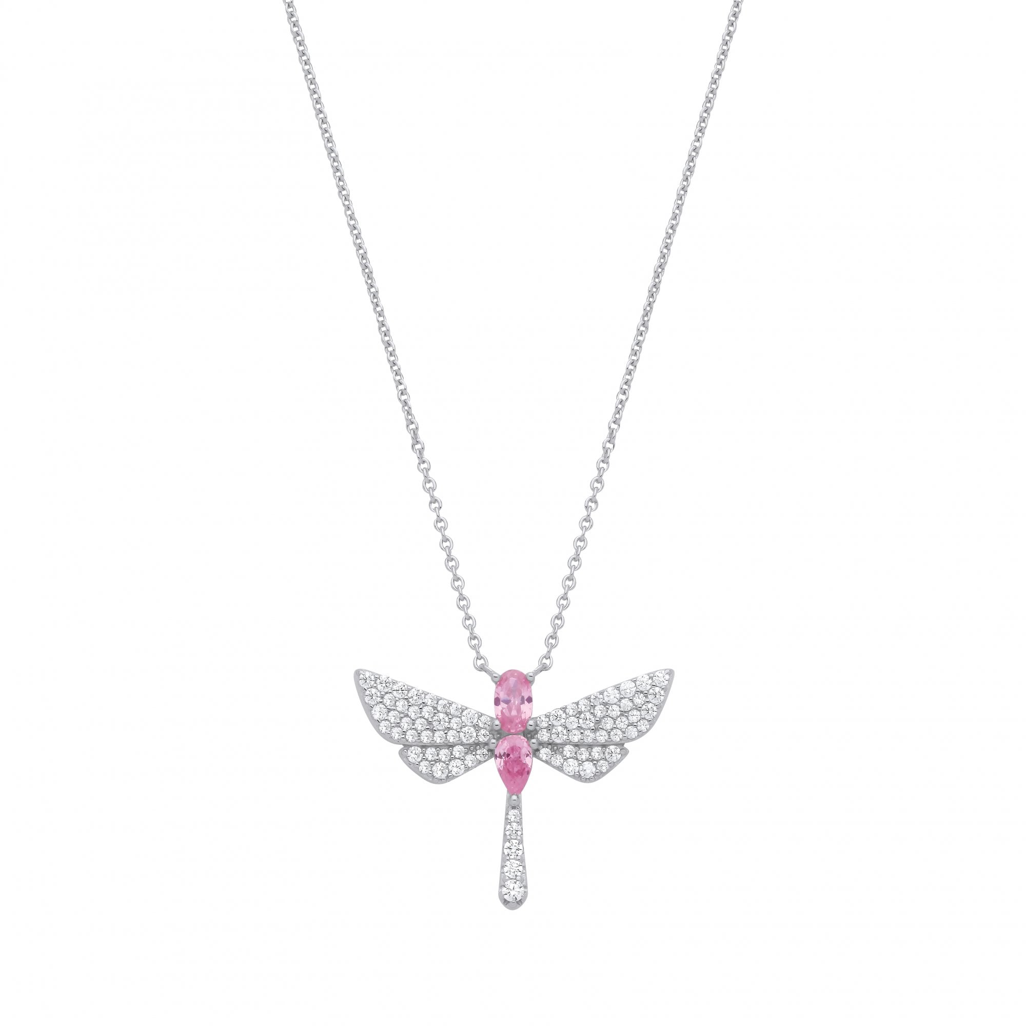 Silver CZ & Pink CZ Dragonfly Pendant Necklace