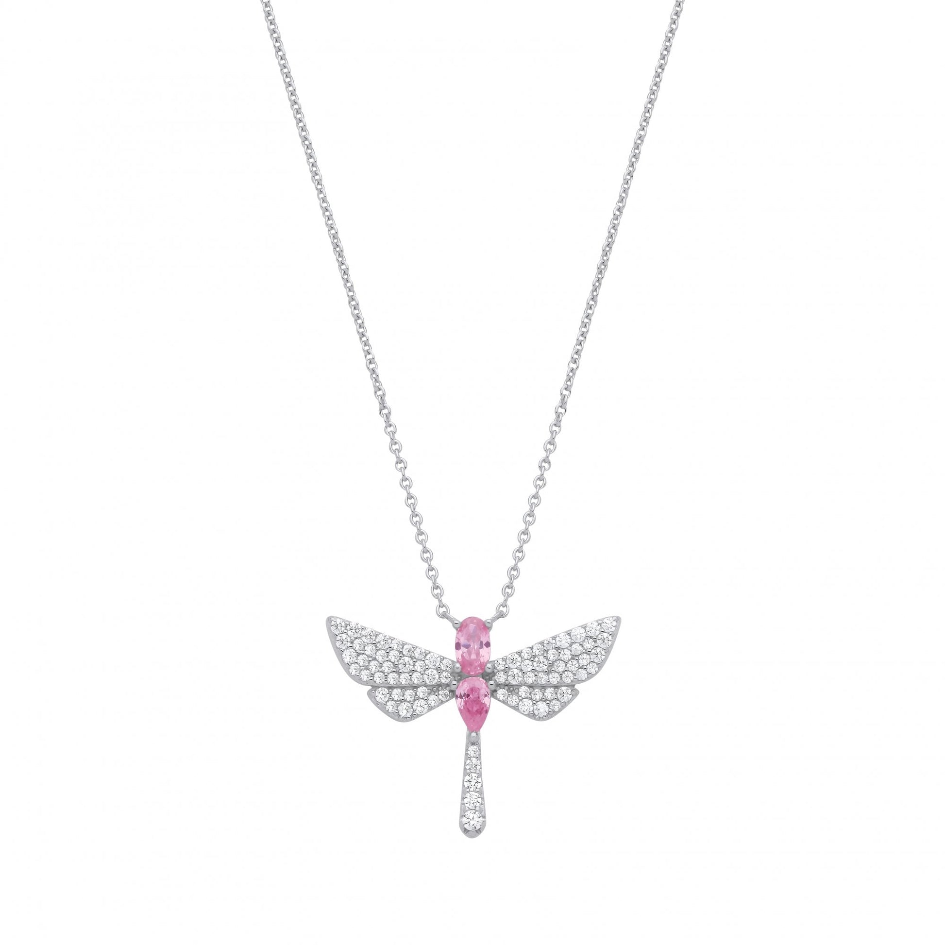 Silver CZ & Pink CZ Dragonfly Pendant Necklace