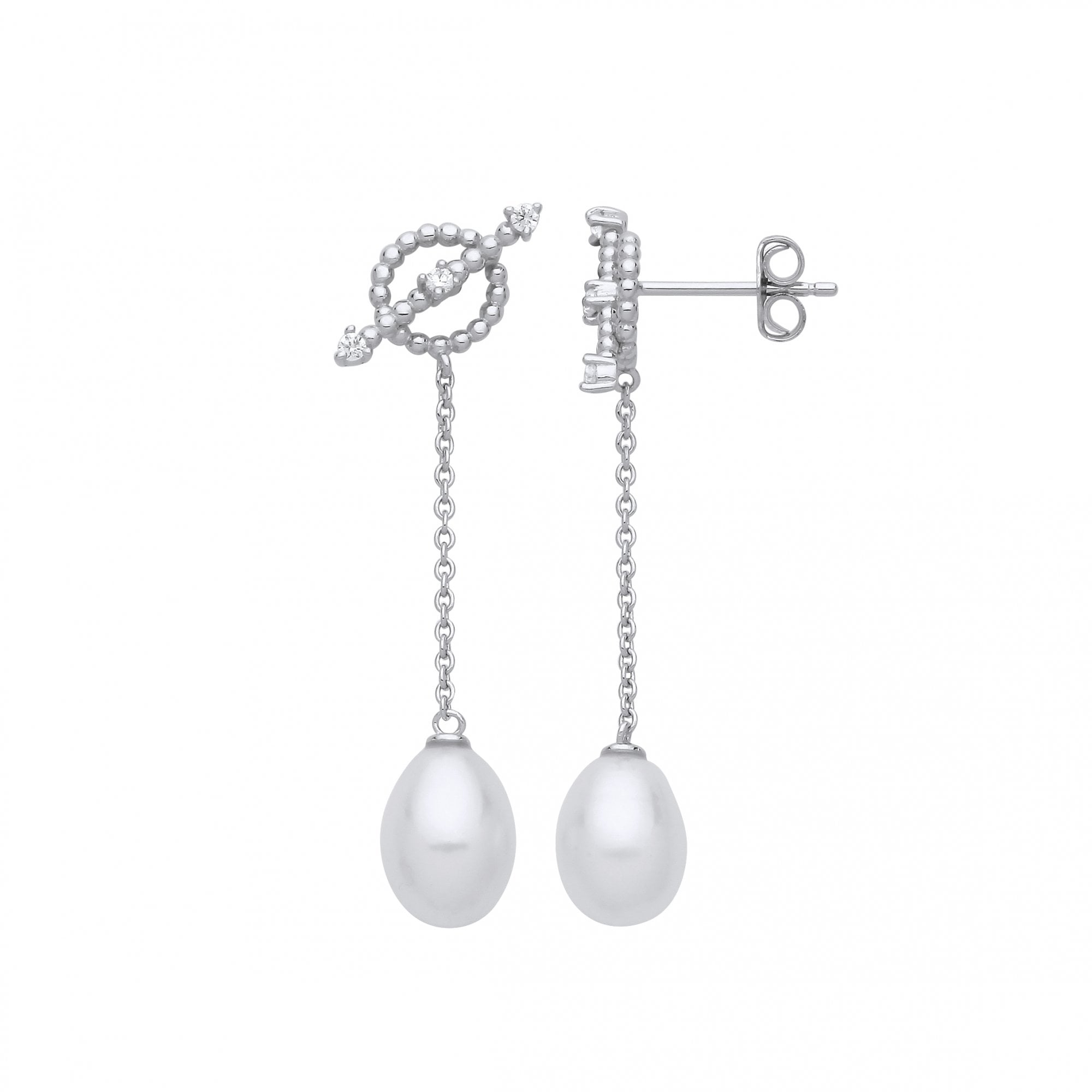 Silver CZ & White Rice Shape Fresh Water Pearl Chain Drop Earrings