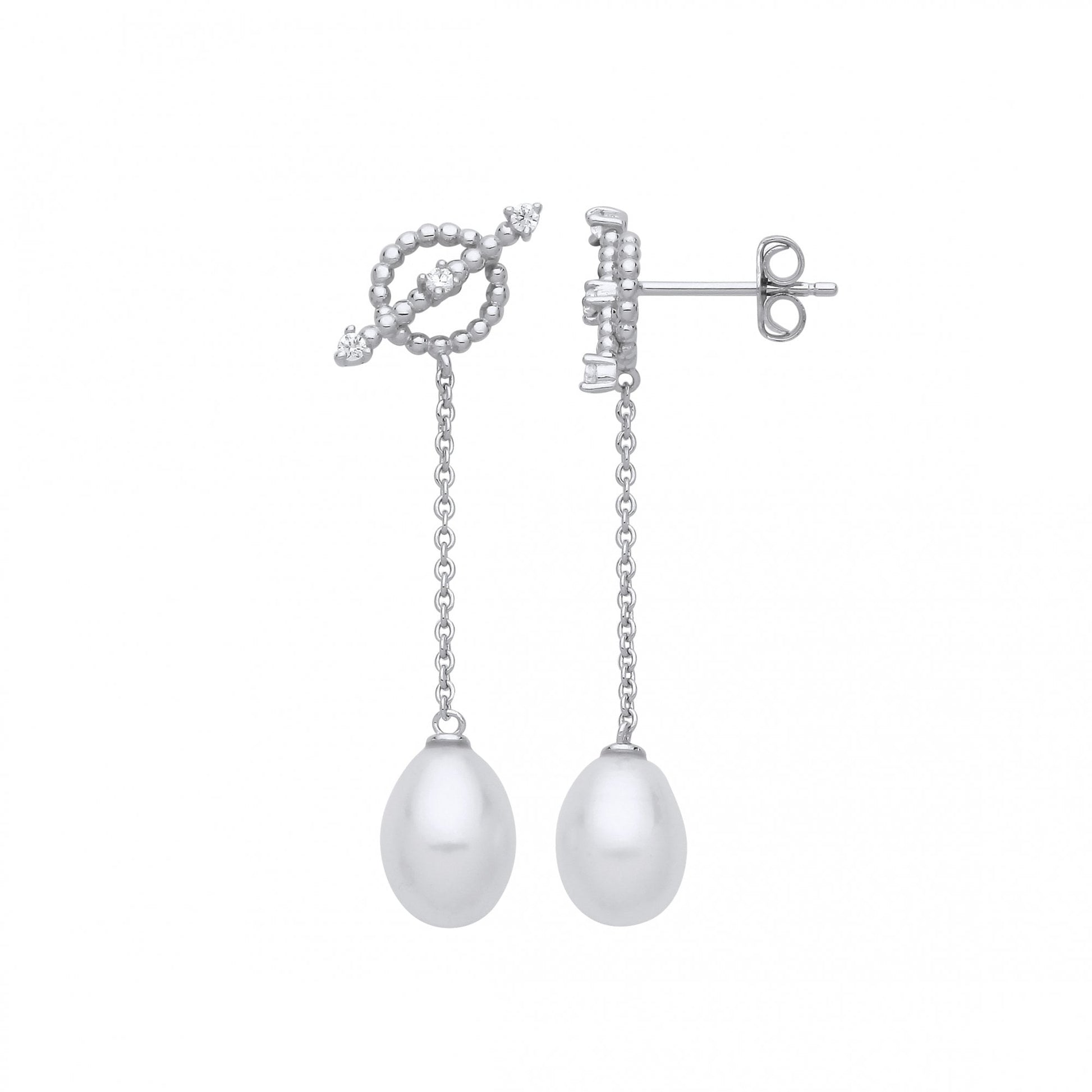 Silver CZ & White Rice Shape Fresh Water Pearl Chain Drop Earrings