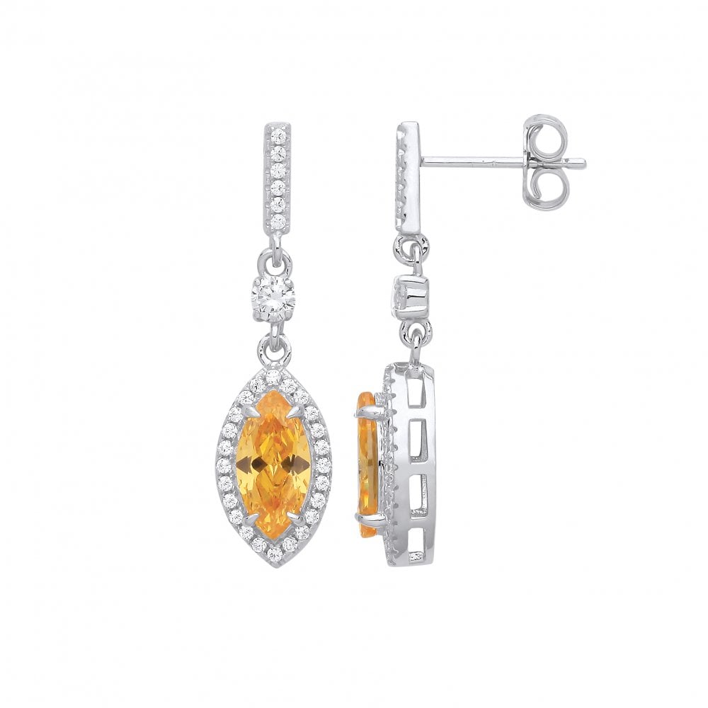 Silver CZ & Citrine Marquise Cut Drop Earrings