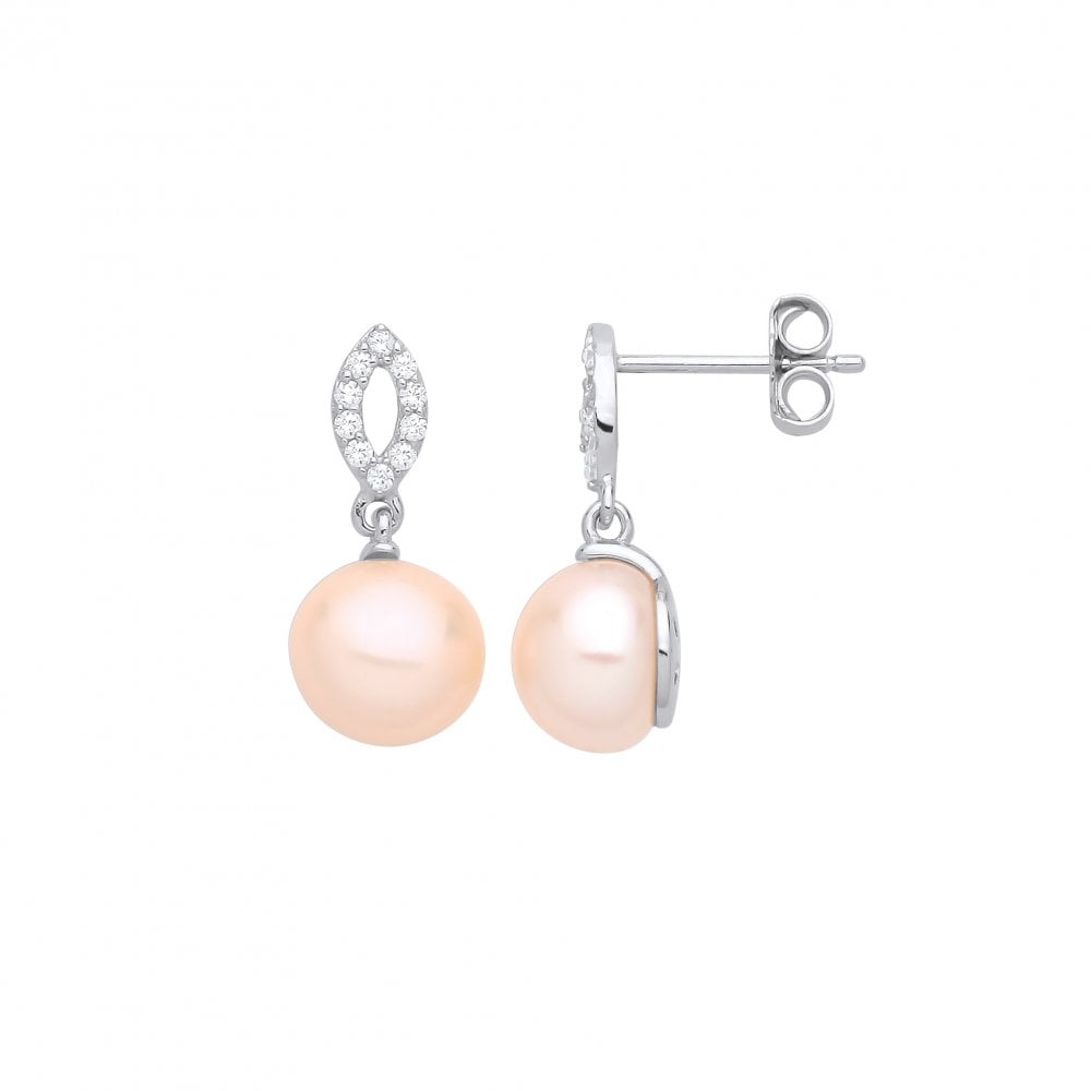 Silver Peach Button Shape Freshwater Pearl & CZ Drop Earrings