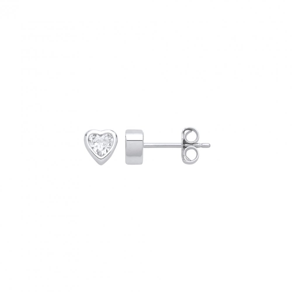 Silver CZ Rubover Heart Stud Earrings