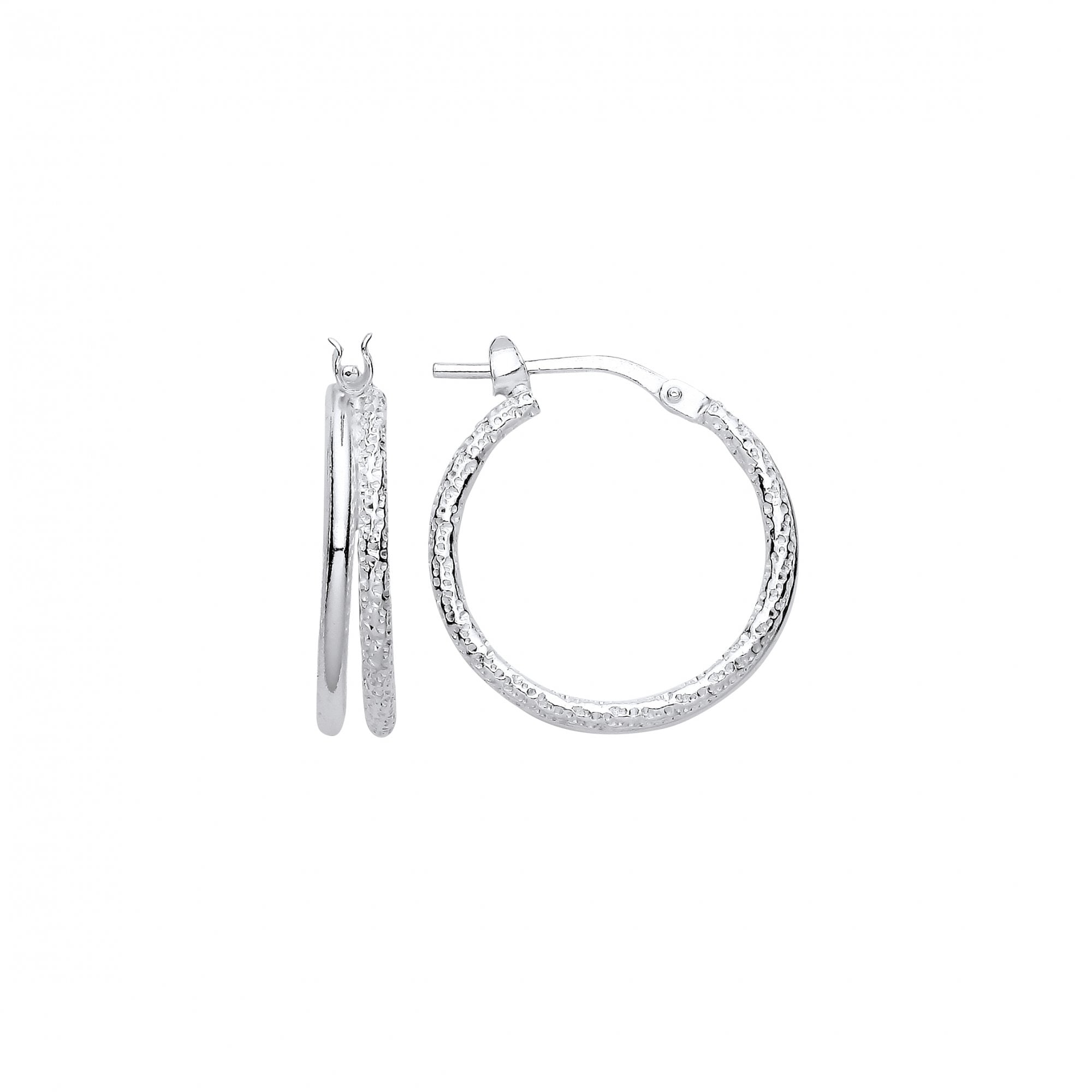 925 Sterling Silver Frosted & Polished 15mm Double Hoop Earrings