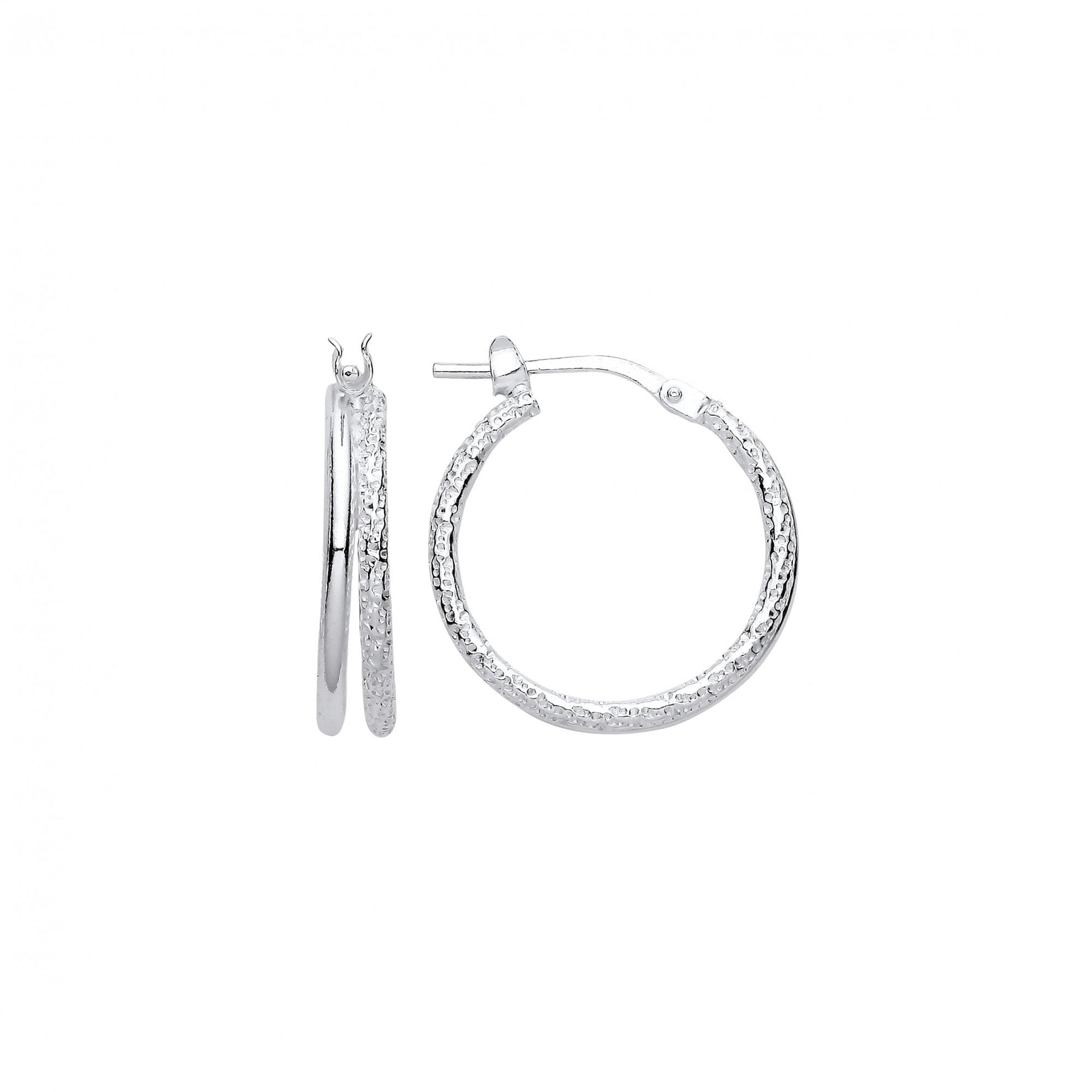 925 Sterling Silver Frosted & Polished 15mm Double Hoop Earrings
