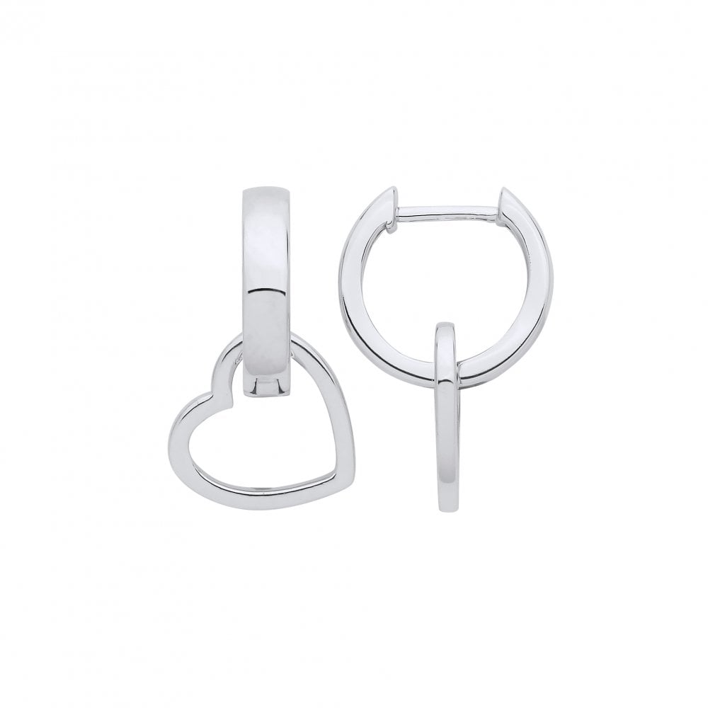 Silver Heart Drop Hoop Earrings