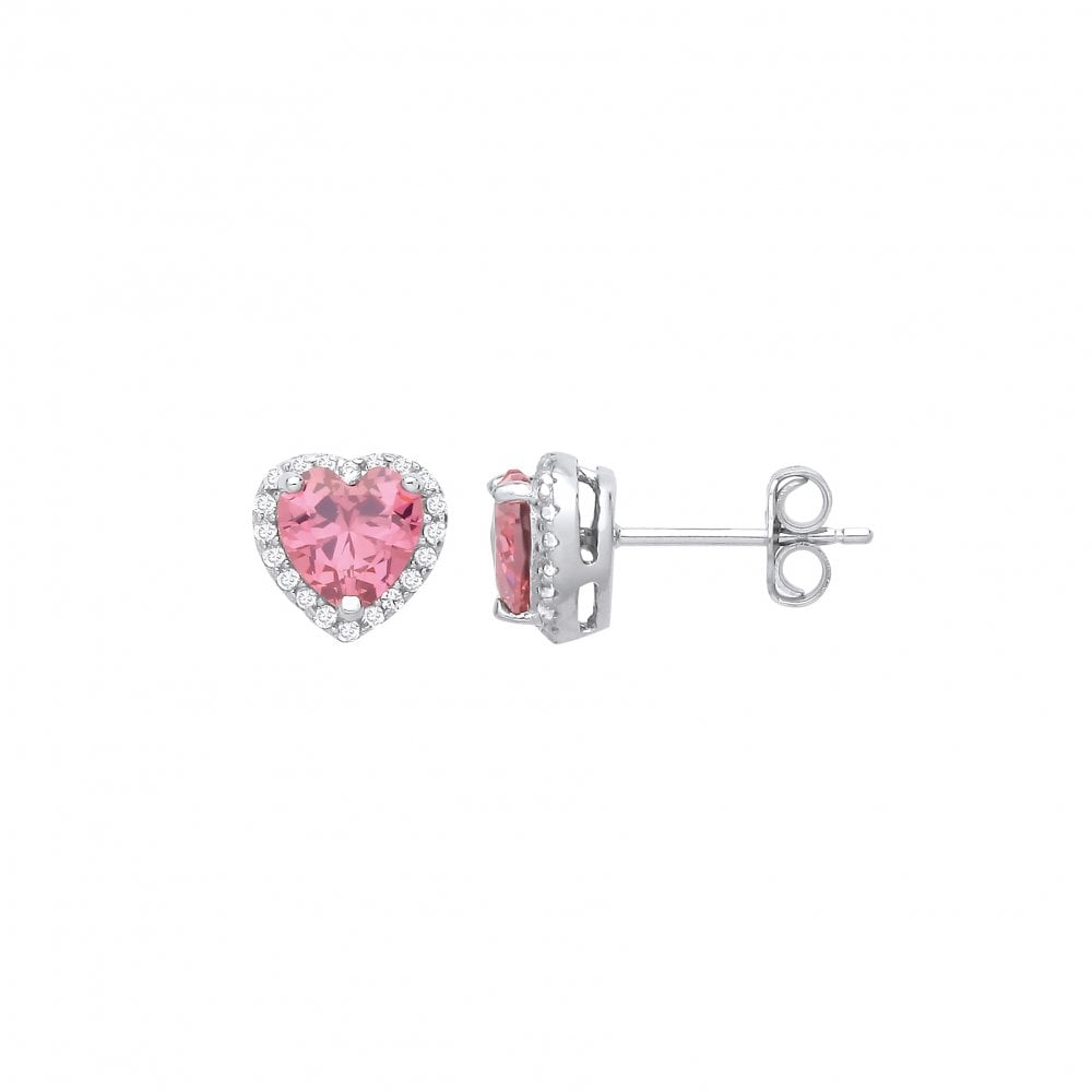 Silver CZ & Mid Rouge CZ Heart Stud Earrings