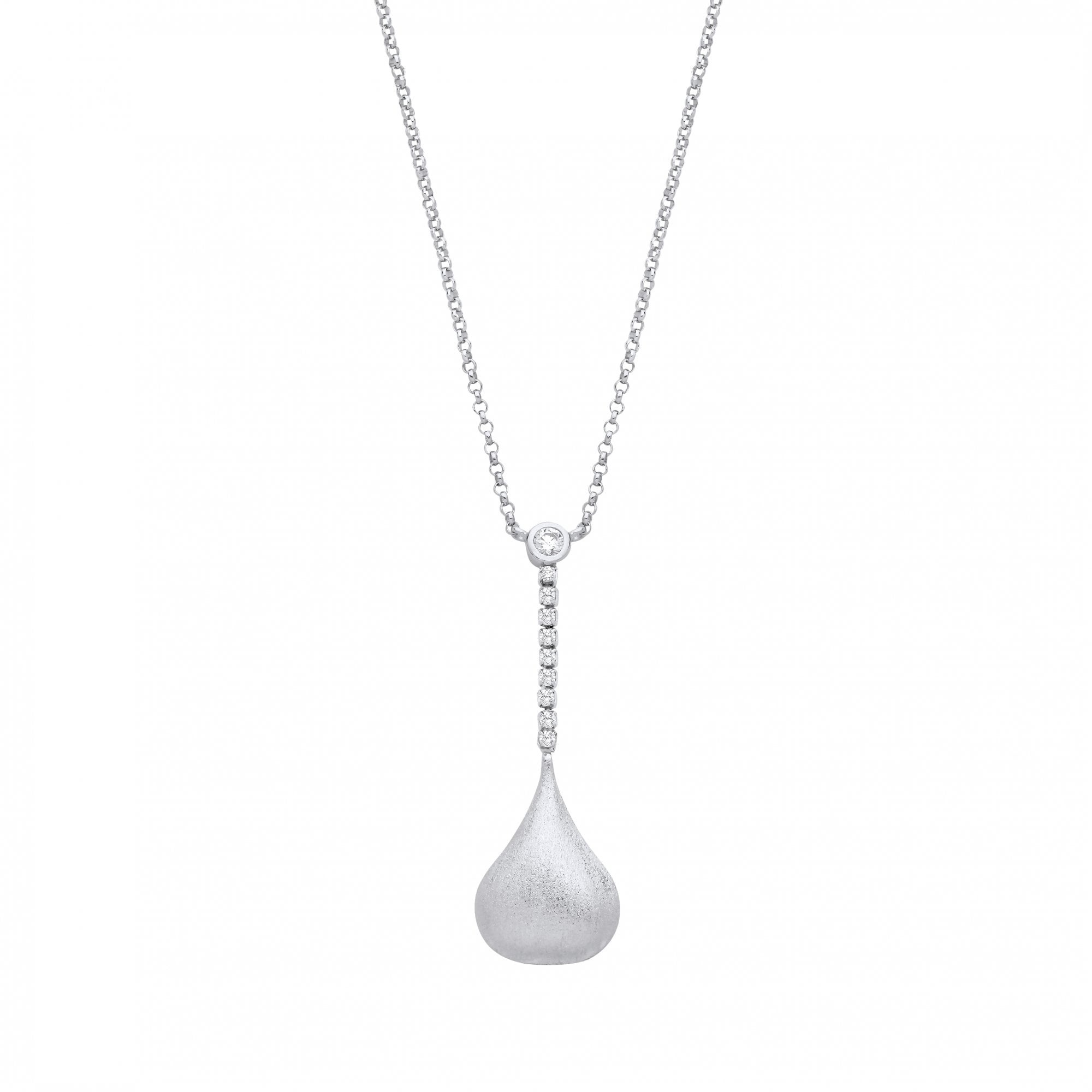 Silver CZ Fancy Satin Finsh Drop Pendant Necklace