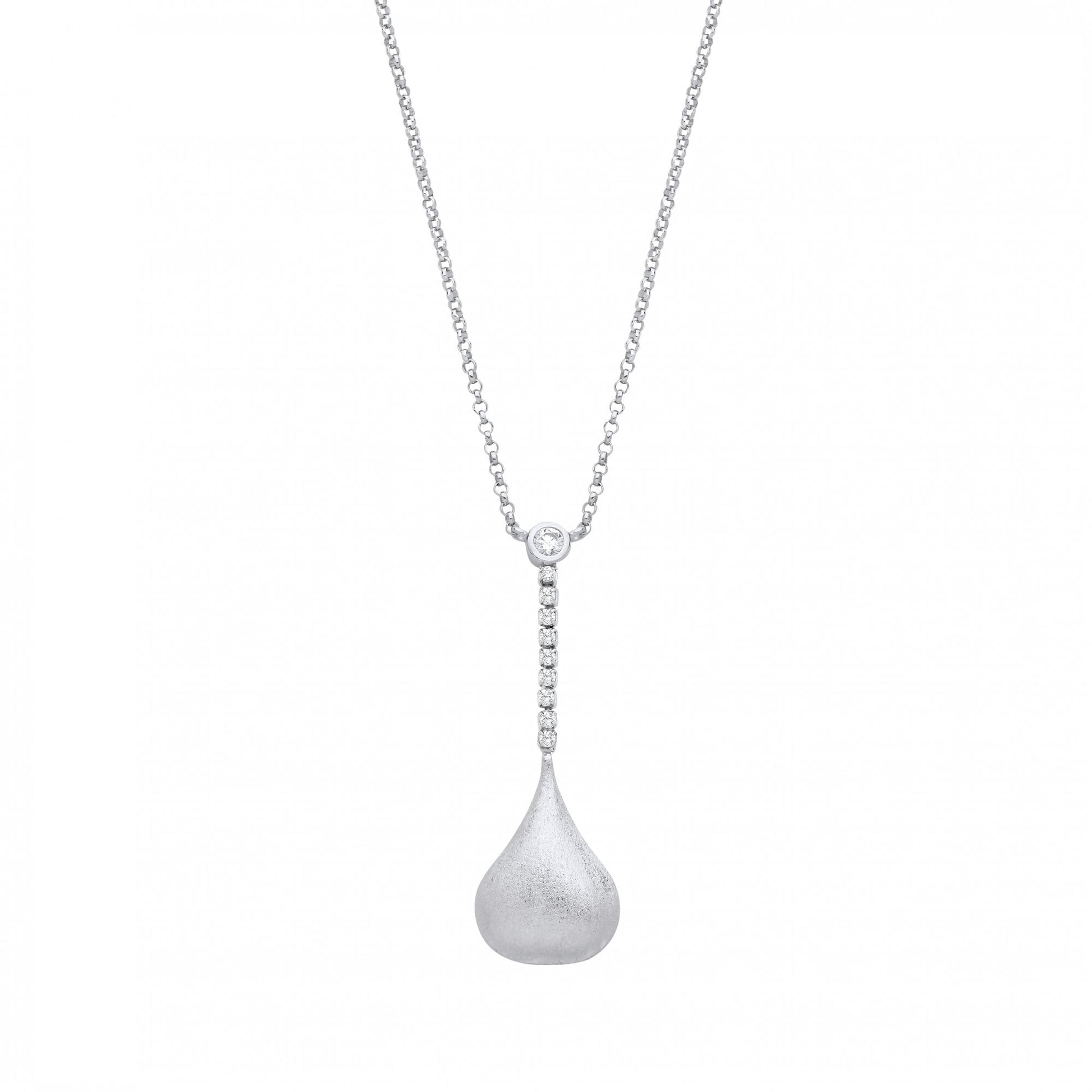 Silver CZ Fancy Satin Finsh Drop Pendant Necklace