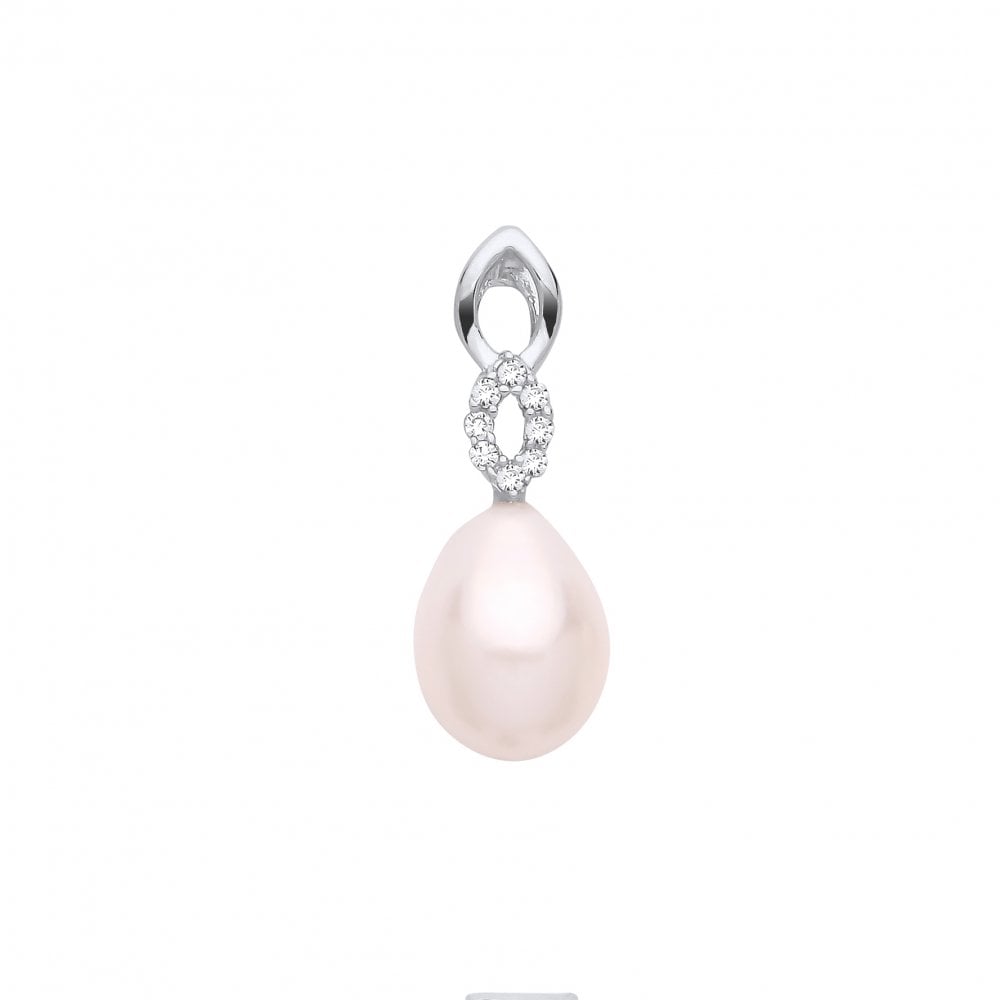 Silver CZ & White Rice Shape Fresh Water Pearl Drop Pendant