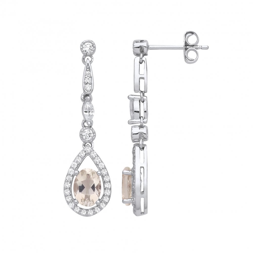 Silver Green Amethyst & White CZ Pear Drop Earrings