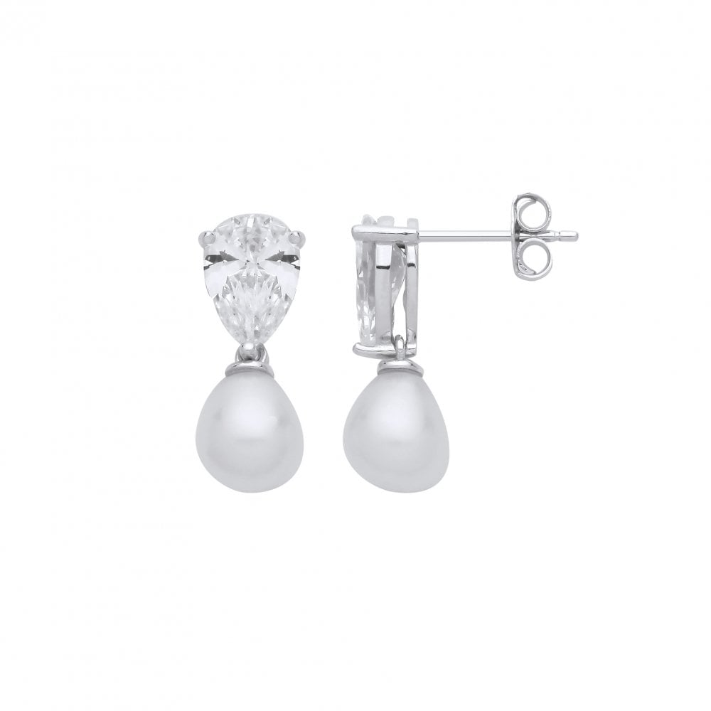 Silver CZ & White Rice Shape Fresh Water Pearl Drop Earrings