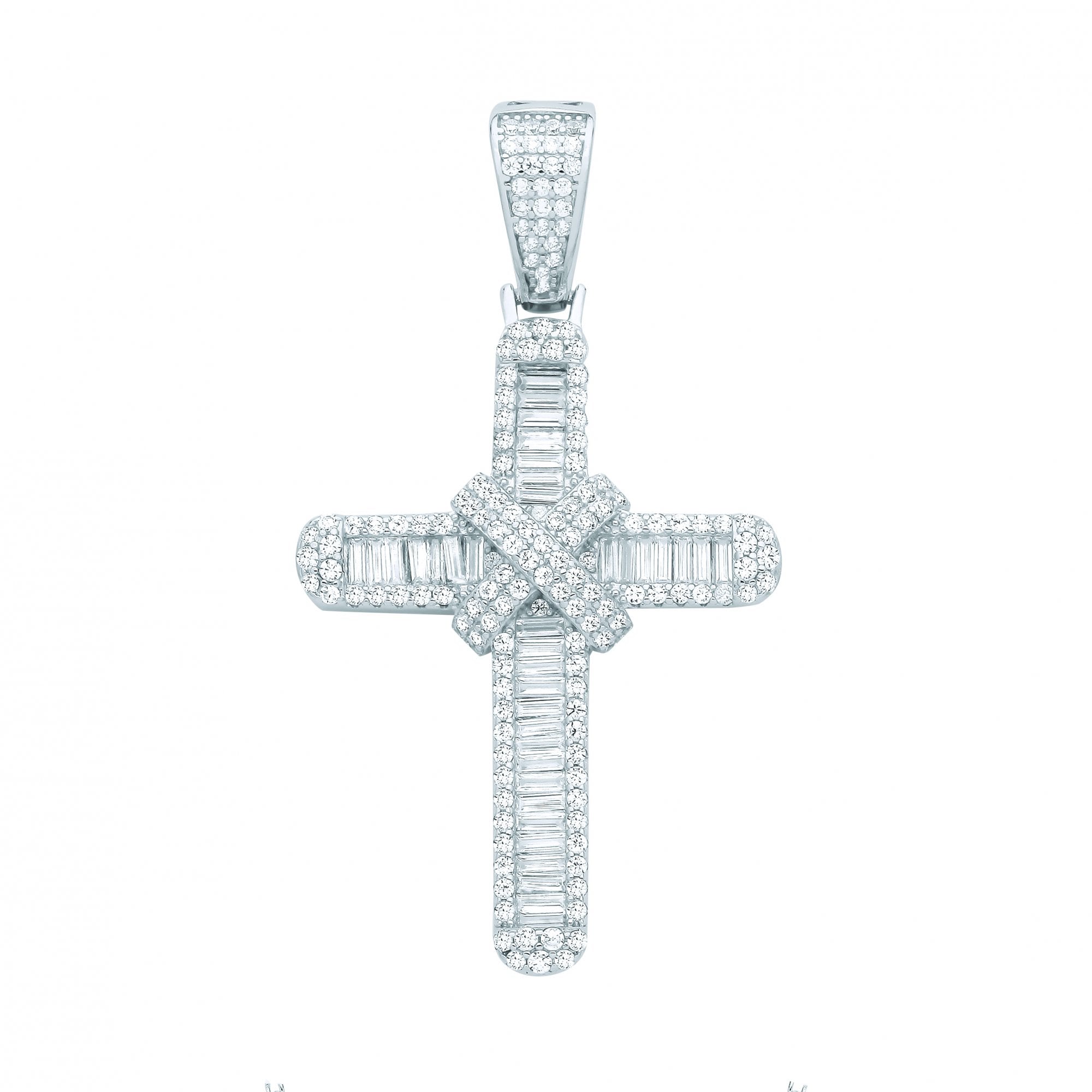 Silver CZ Round & Baguette Cross Pendant