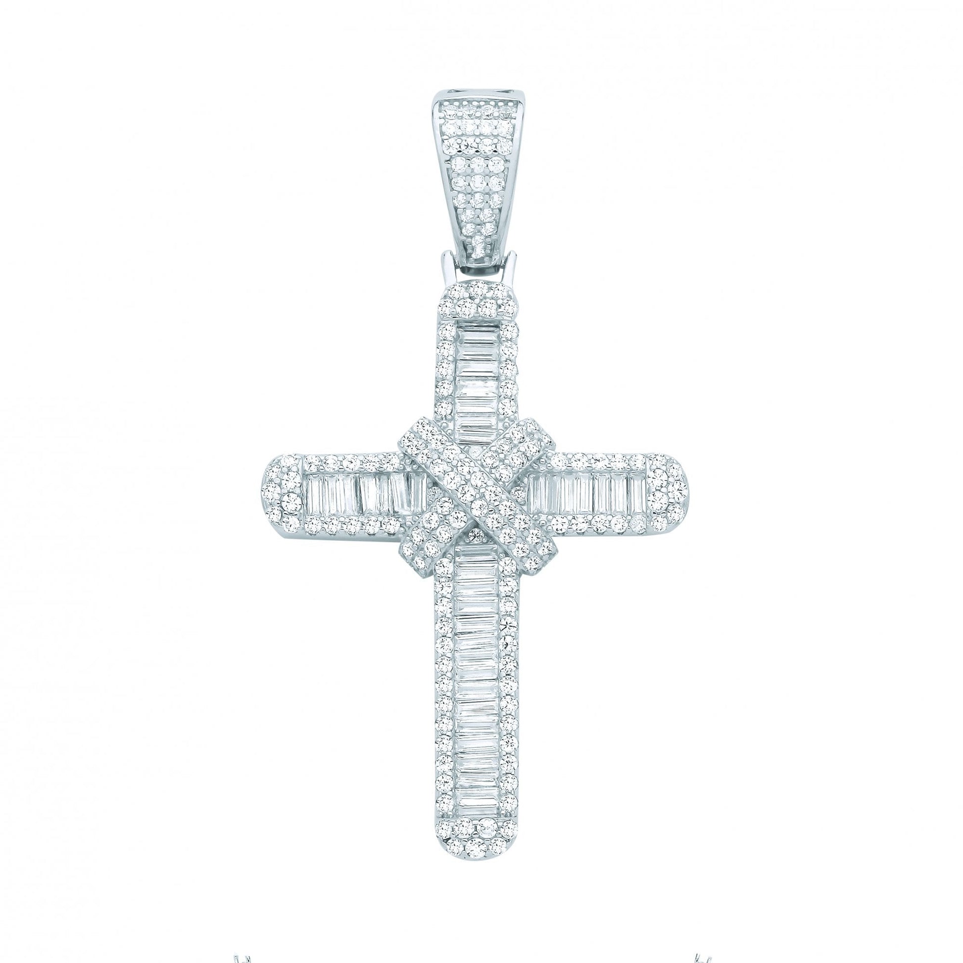 Silver CZ Round & Baguette Cross Pendant
