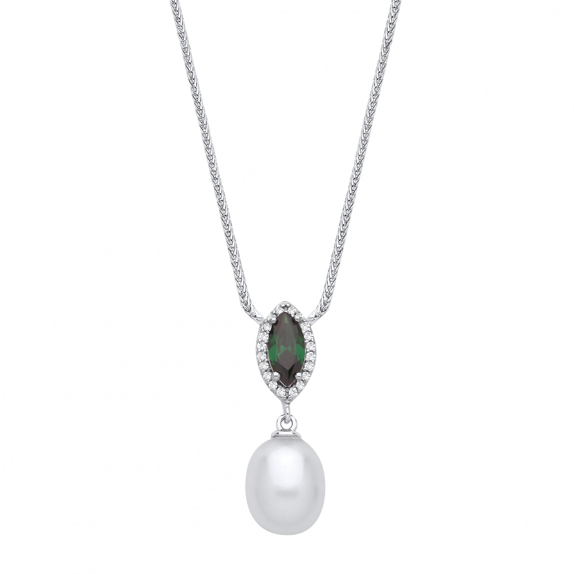 Silver Emerald CZ & White Rice Shape Freshwater Pearl Drop Pendant Necklace