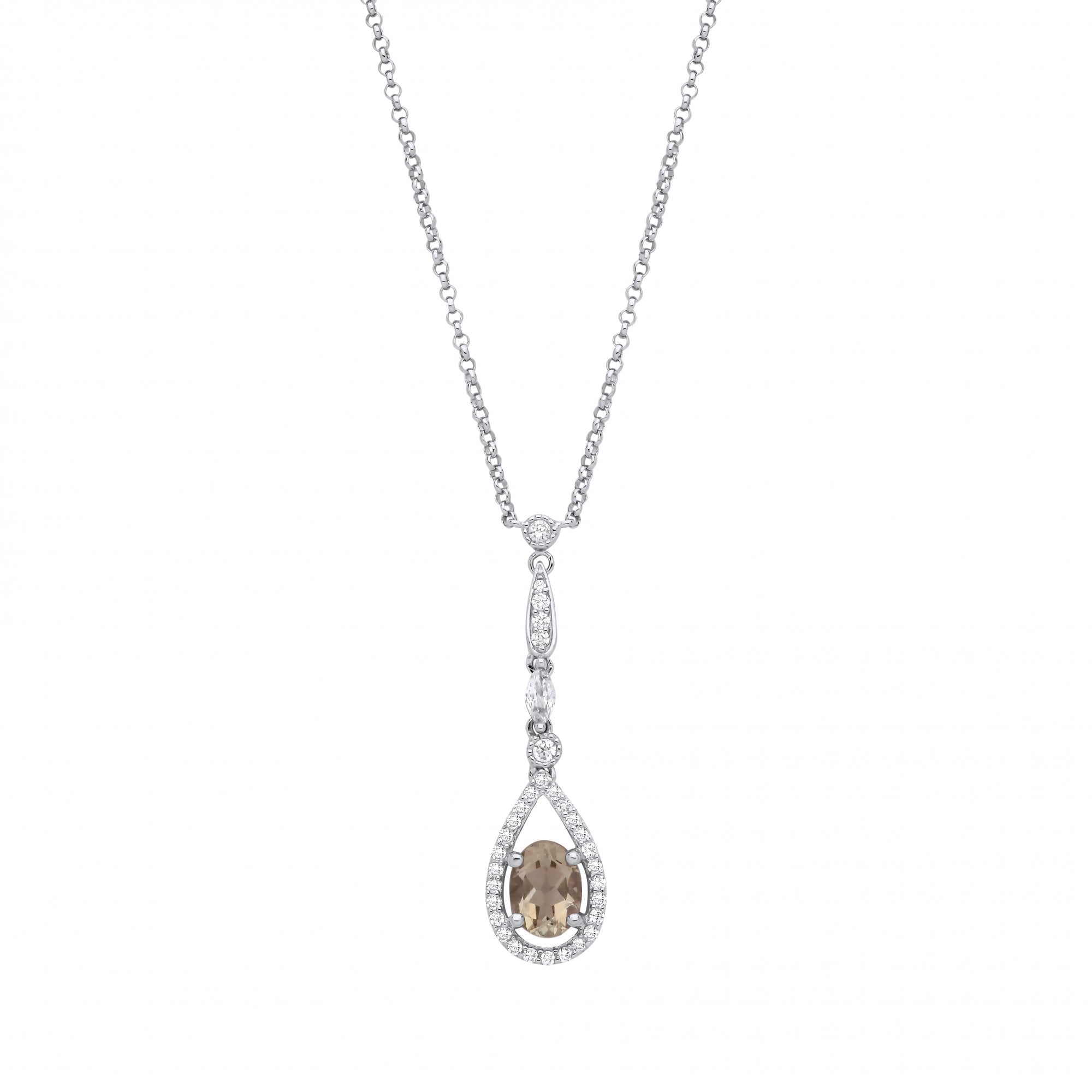 Silver Green Amethyst & White CZ Pear Drop Pendant Necklace