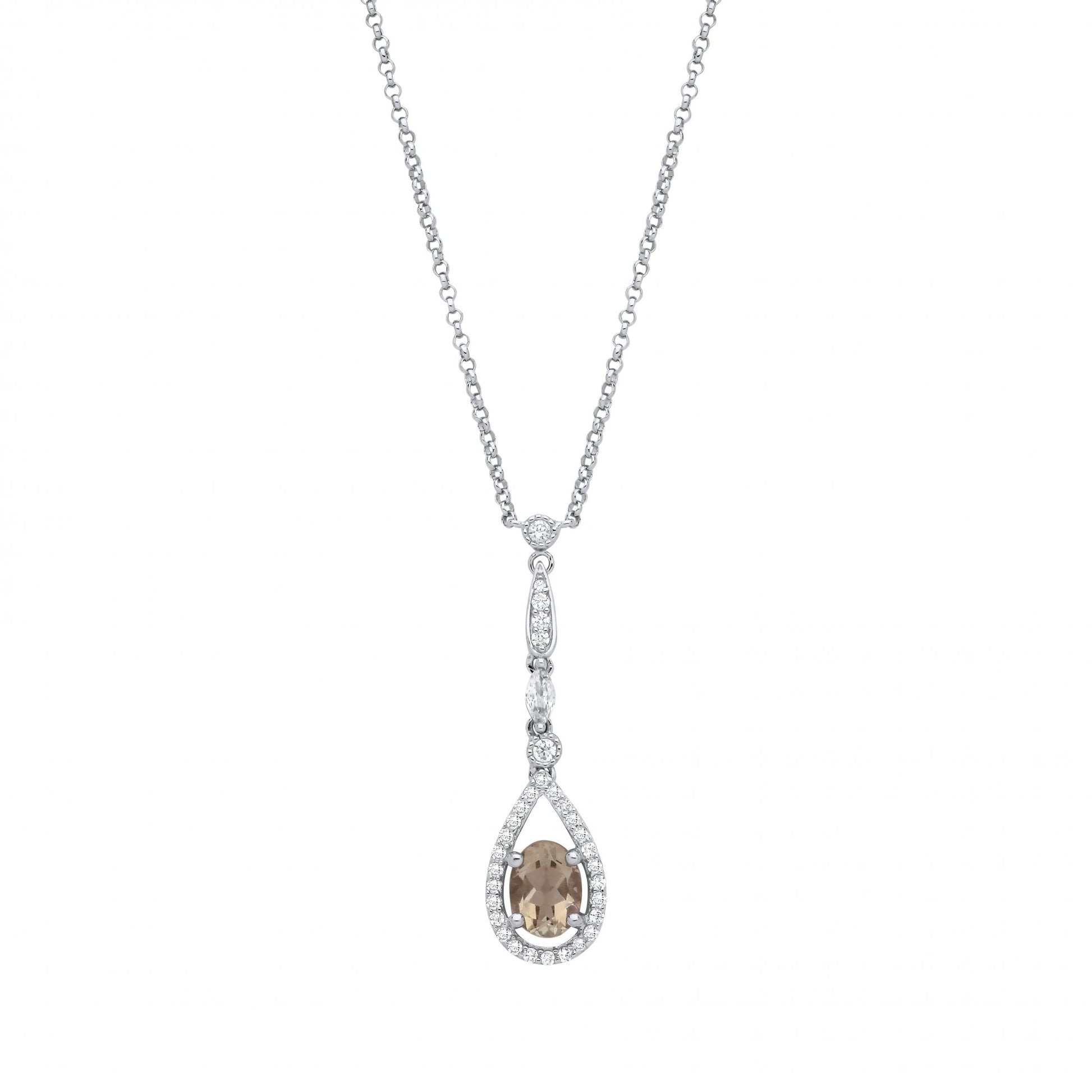 Silver Green Amethyst & White CZ Pear Drop Pendant Necklace
