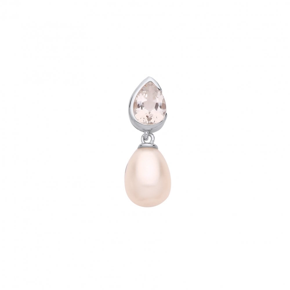 Silver CZ & White Rice Shape Fresh Water Pearl Drop Pendant