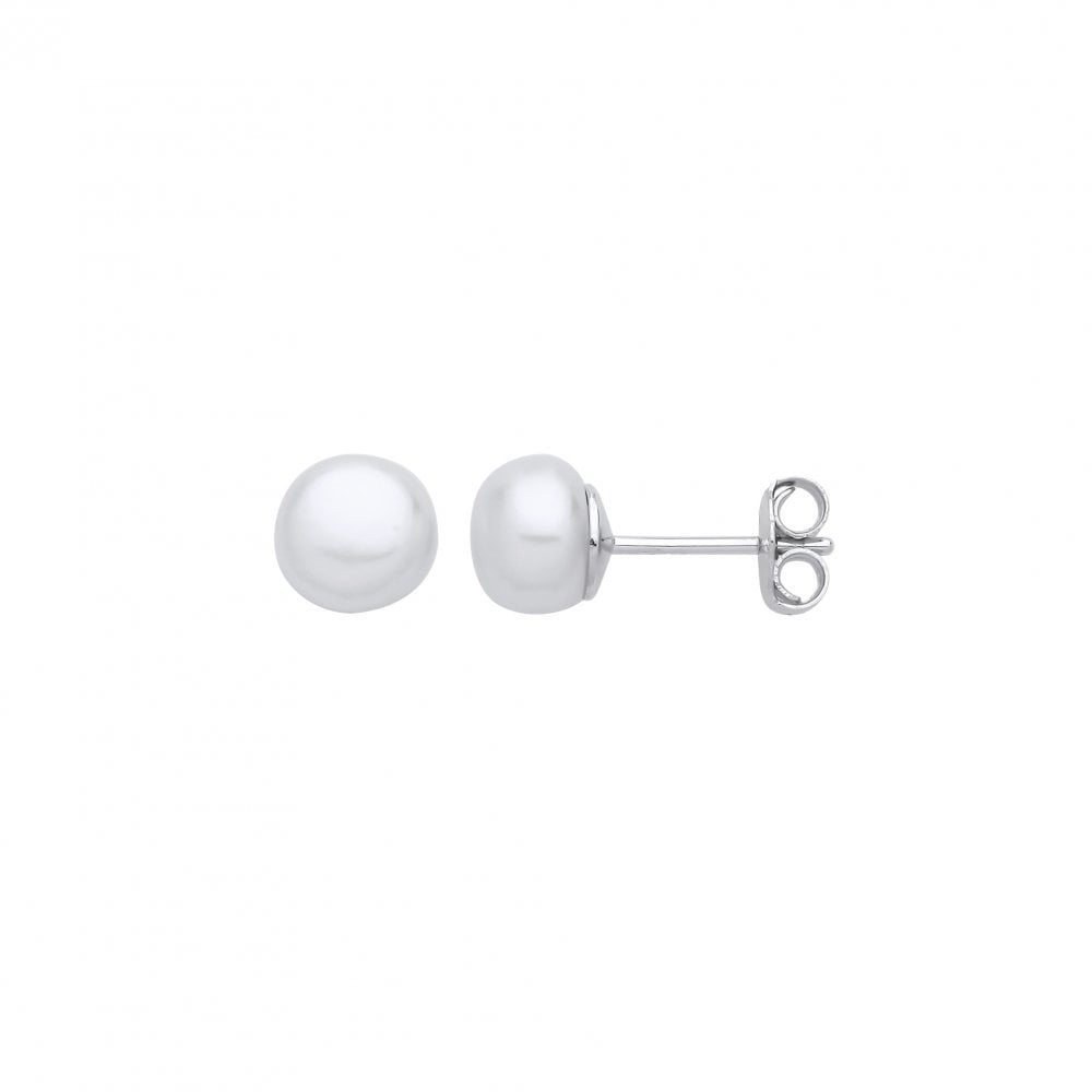 Silver Earrings with 8 - 8.5mm White Button Shape Fresh Water Pearl