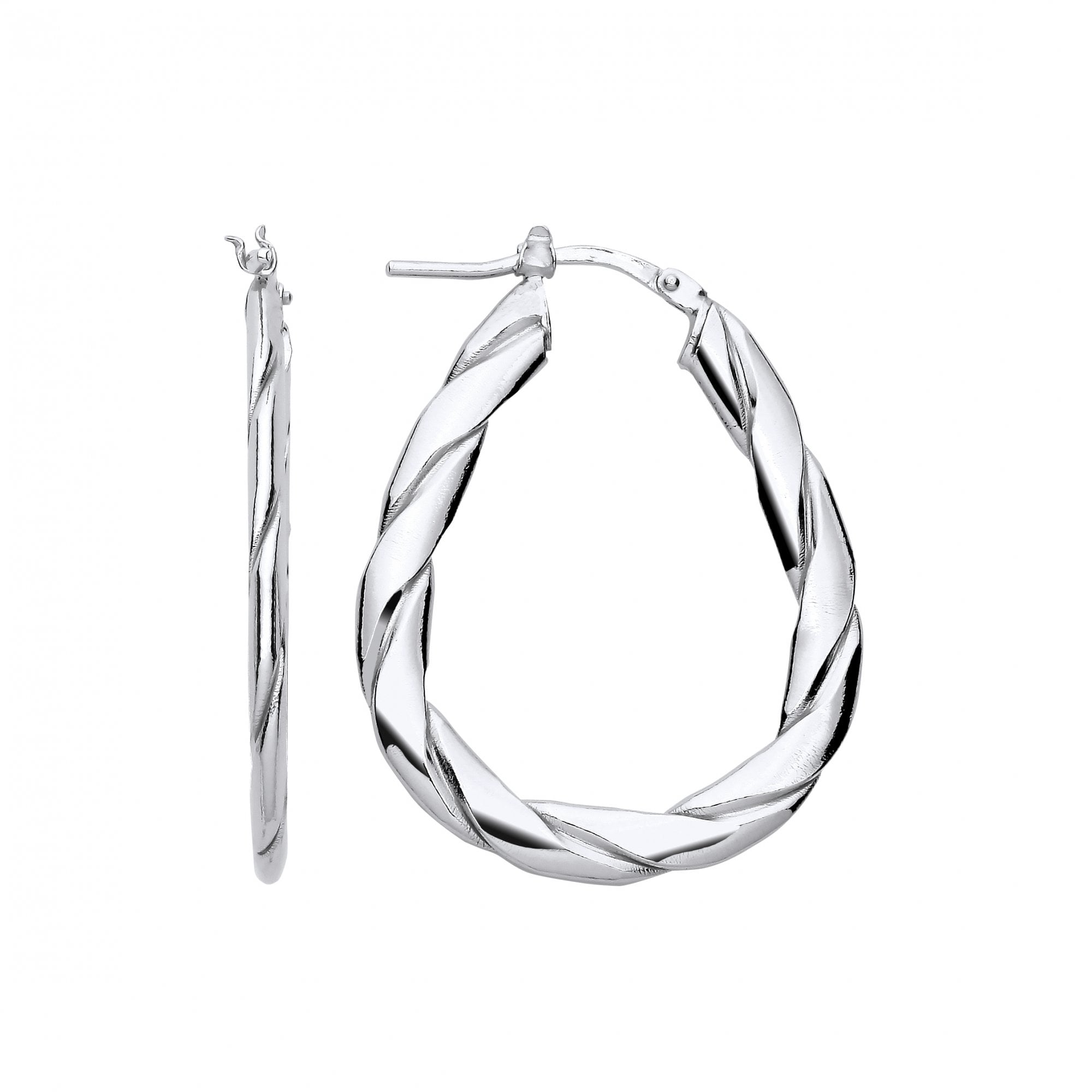 Silver Platinum Plate Flat Twist Oval Hoop Earrings