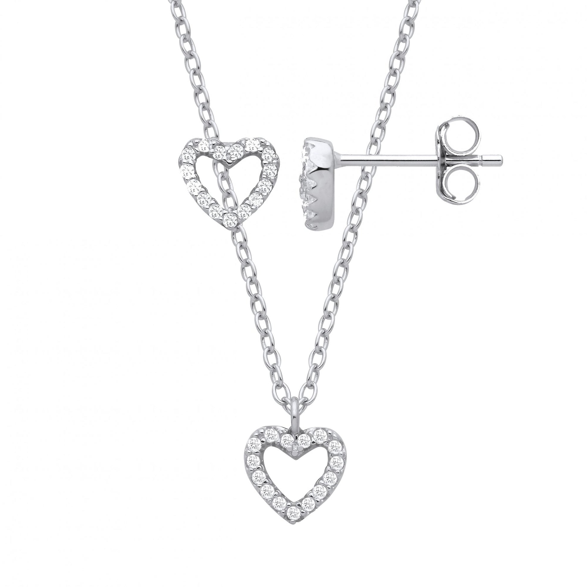 Silver CZ Heart Stud Earrings & Pendant Necklace Set