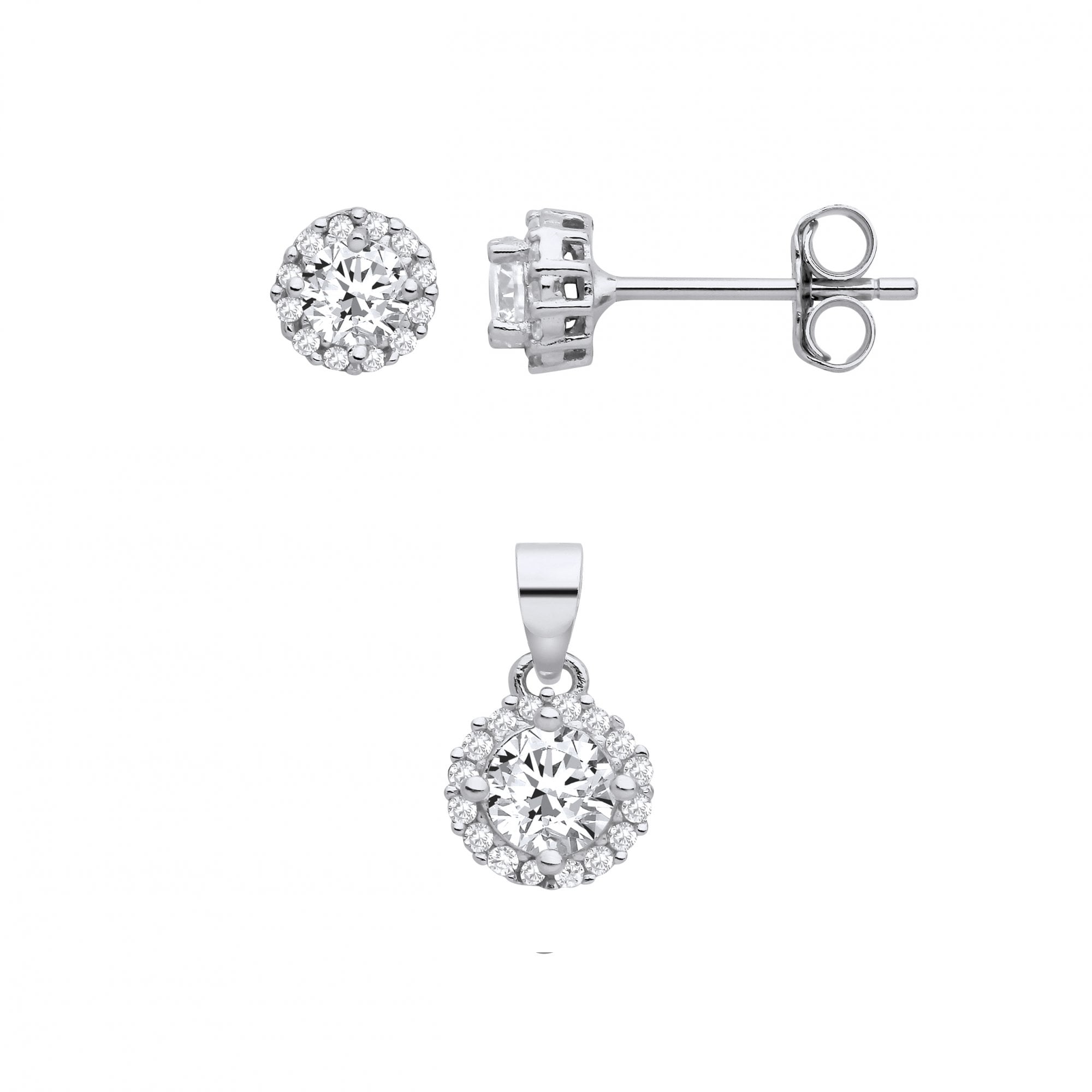 Silver CZ Round Stud Earrings & Pendant Set