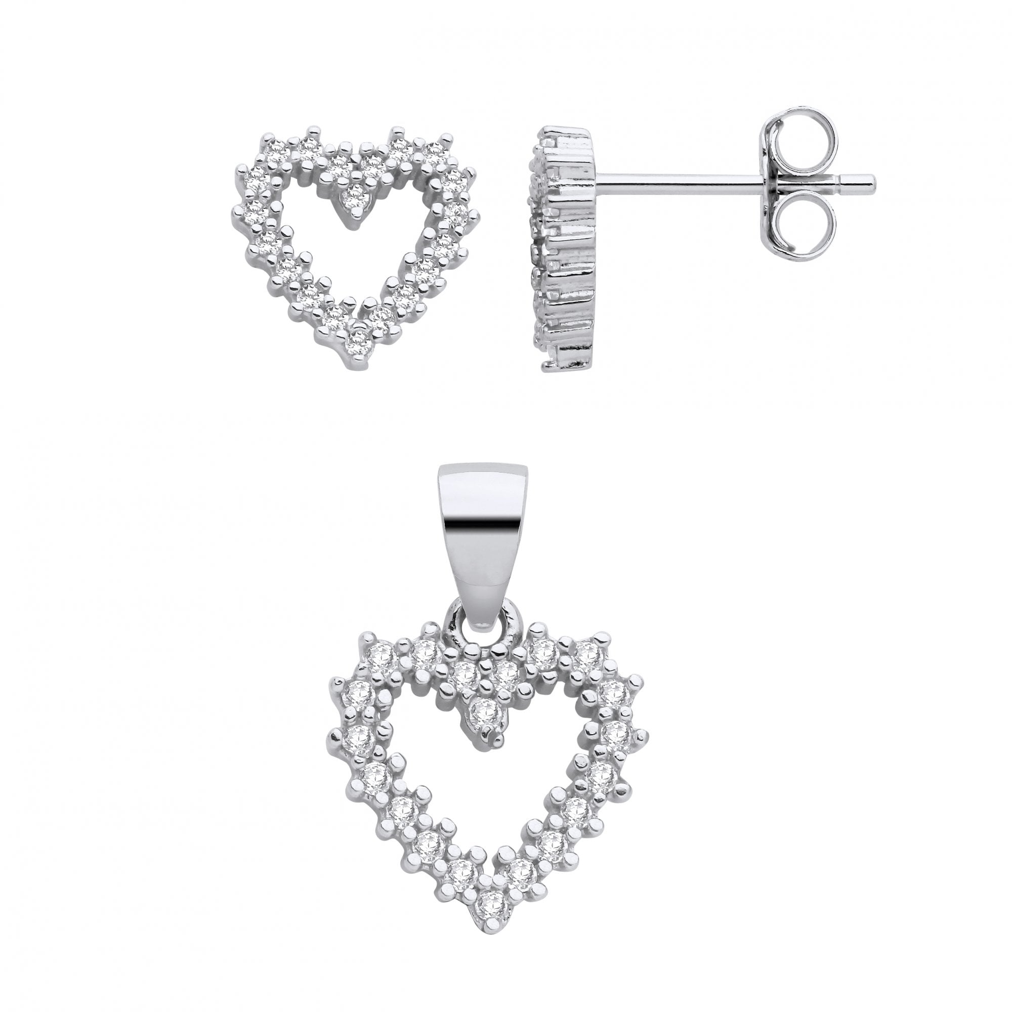 Silver CZ Heart Stud Earrings & Pendant Set