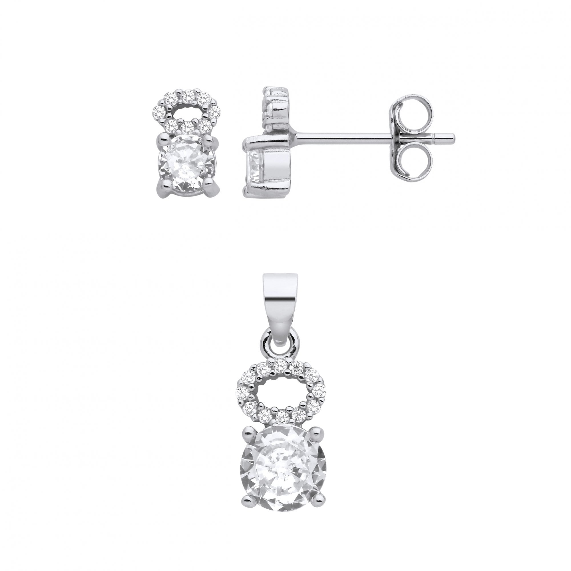 Silver CZ Fancy Stud Earrings & Pendant Set