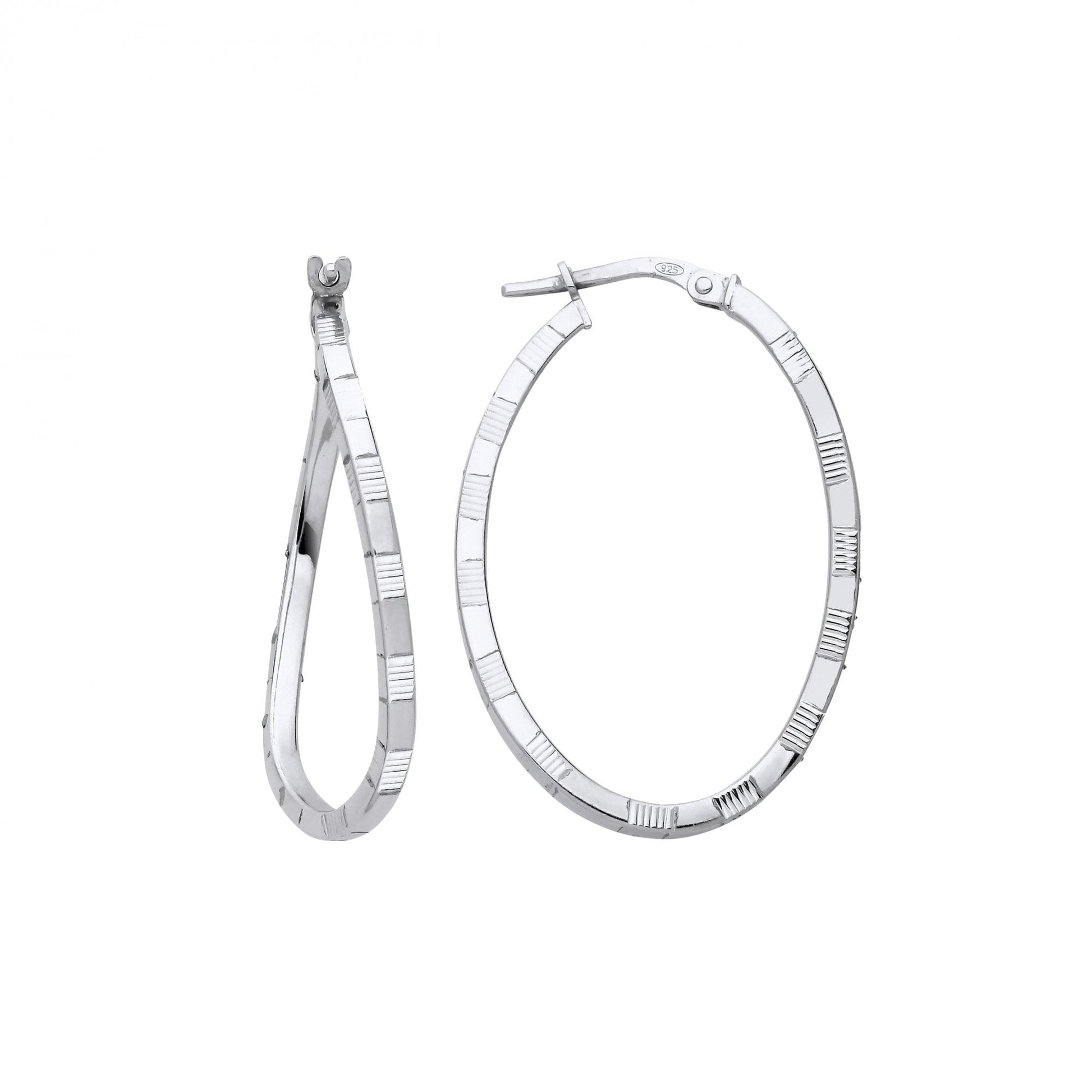 Silver Diamond Cut Swirl Twist Oval Hoop Earrings