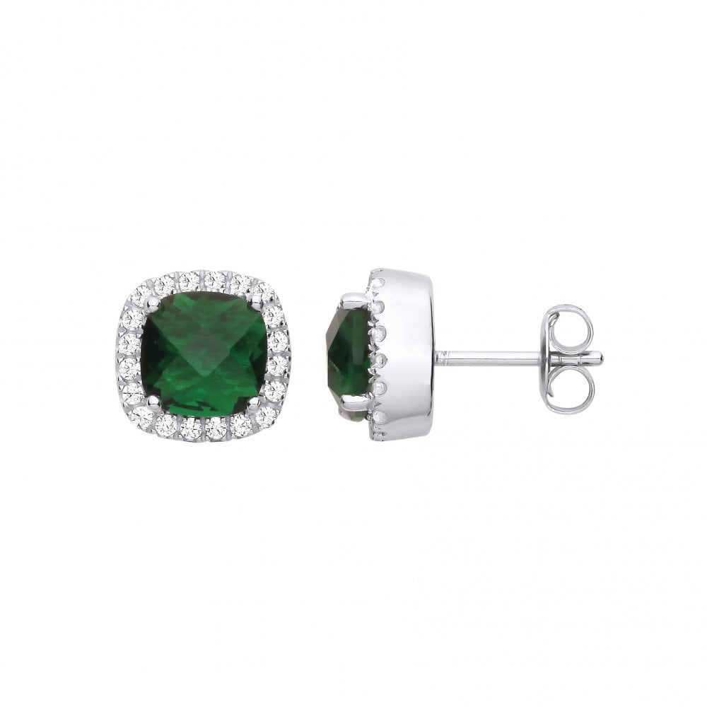 Silver CZ & Aquamarine Cushion Cut Fancy Stud Earrings