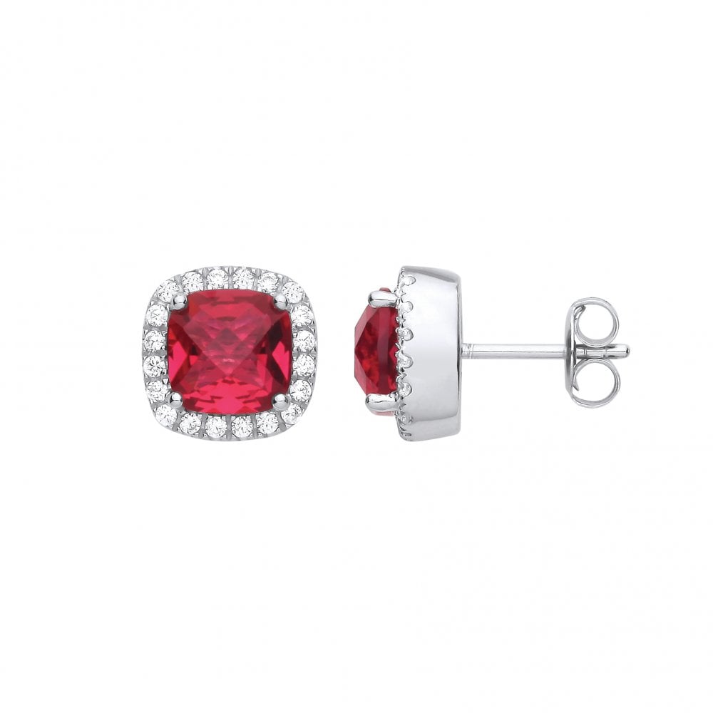 Silver CZ & Ruby Cushion Cut Fancy Stud Earrings