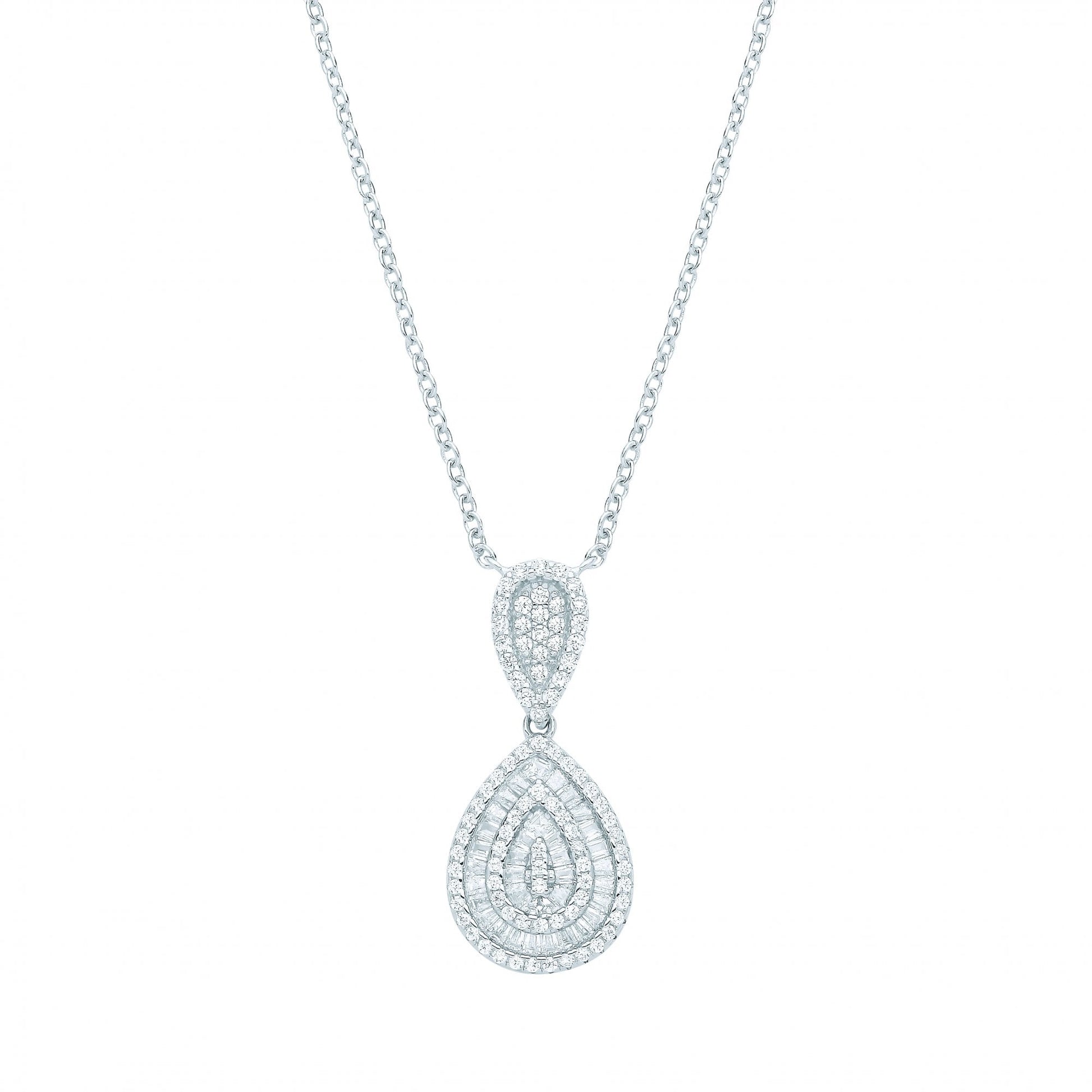 Silver CZ Round & Baguette Teardrop Pendant Necklace