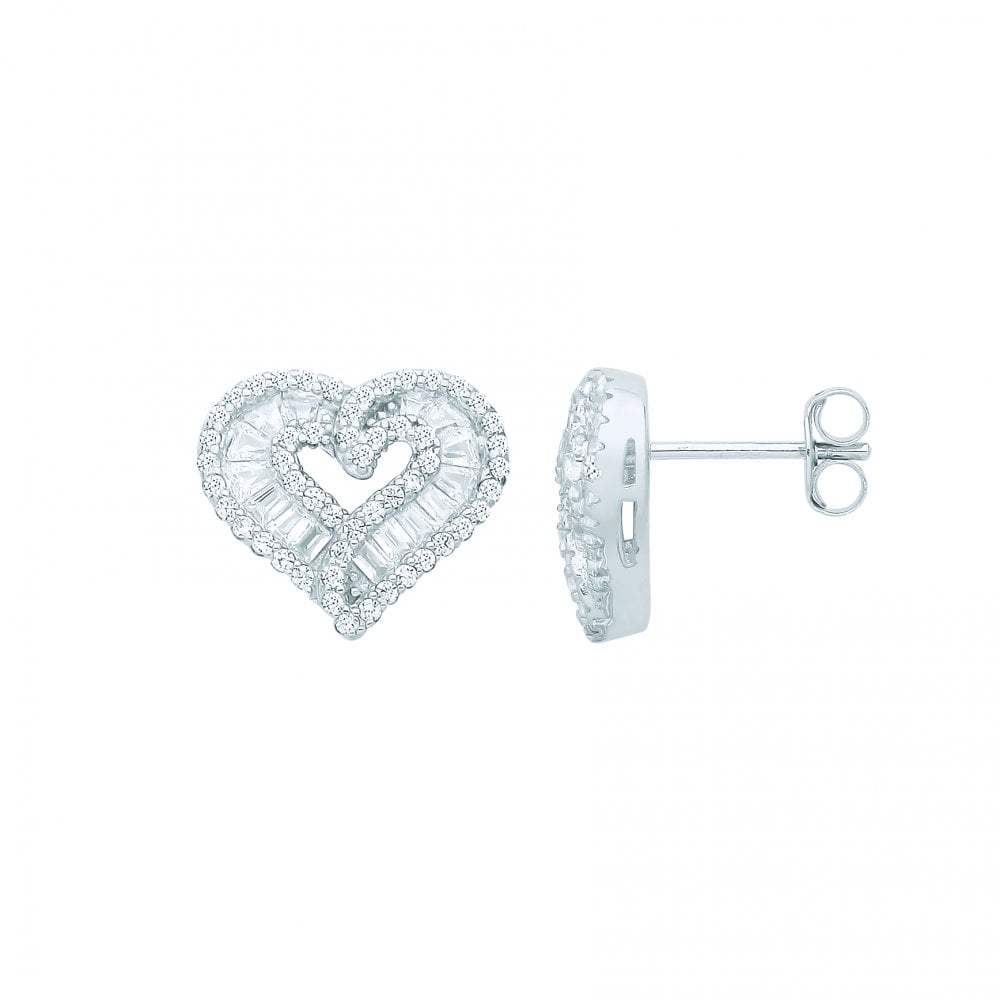 Silver CZ Round & Baguette Heart Stud Earrings