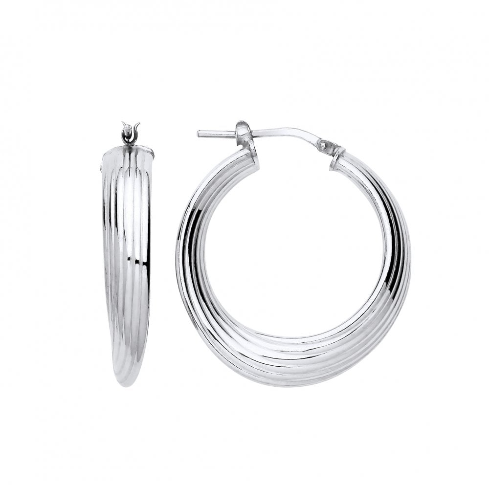 Platinum Plate 20mm Ribbed Swirl Hoop Earrings