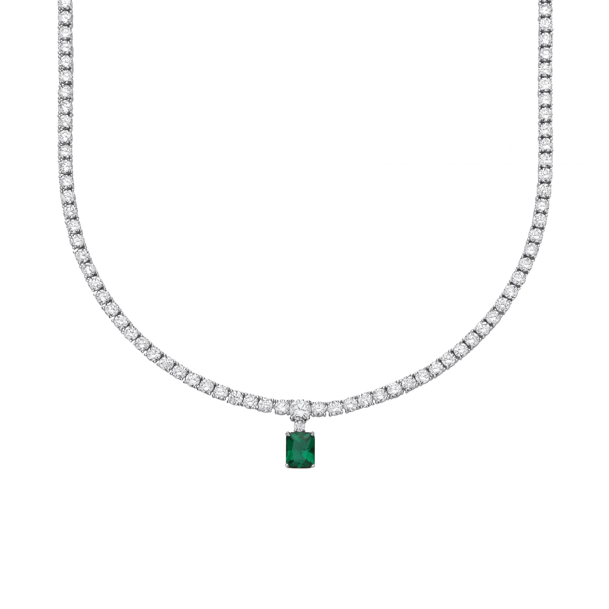 Silver CZ & Emerald Pendant Tennis Necklace